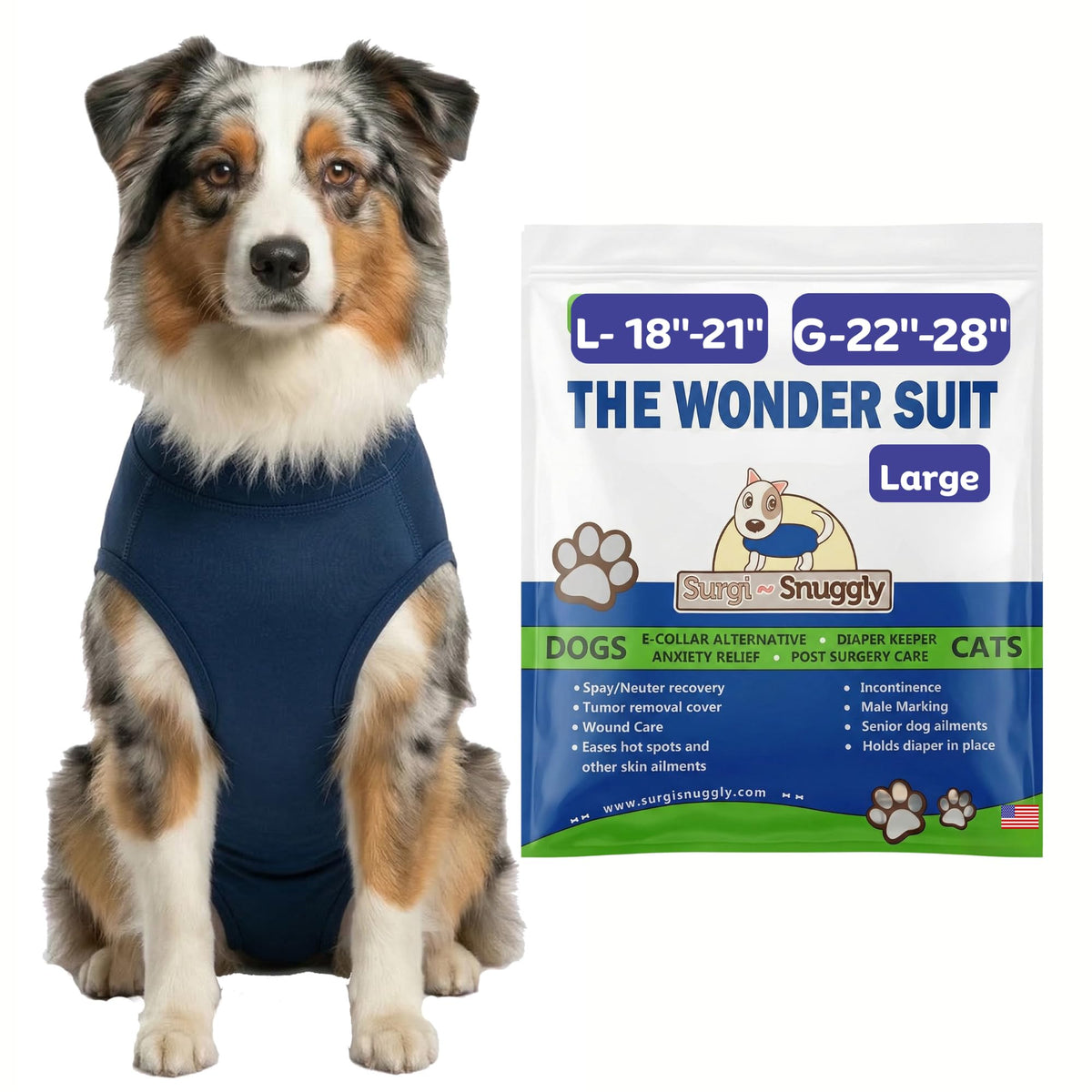 Surgi~Snuggly front-view dog surgery suit providing full coverage and comfort.