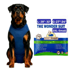 Surgi~Snuggly dog surgery suit front view with full-coverage protection for recovery