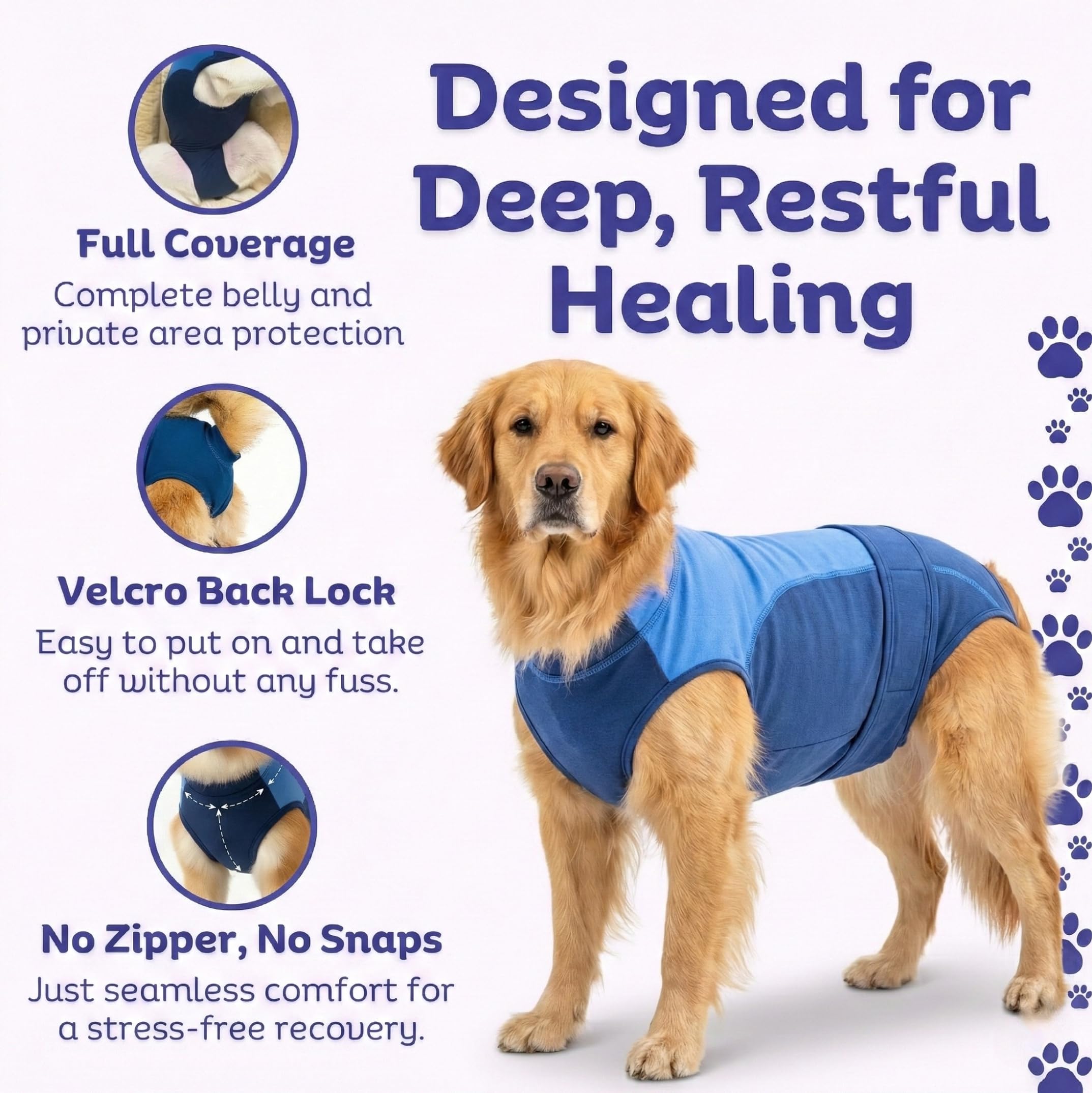 Surgi~Snuggly dog recovery suit with breathable stretch fabric for comfort.