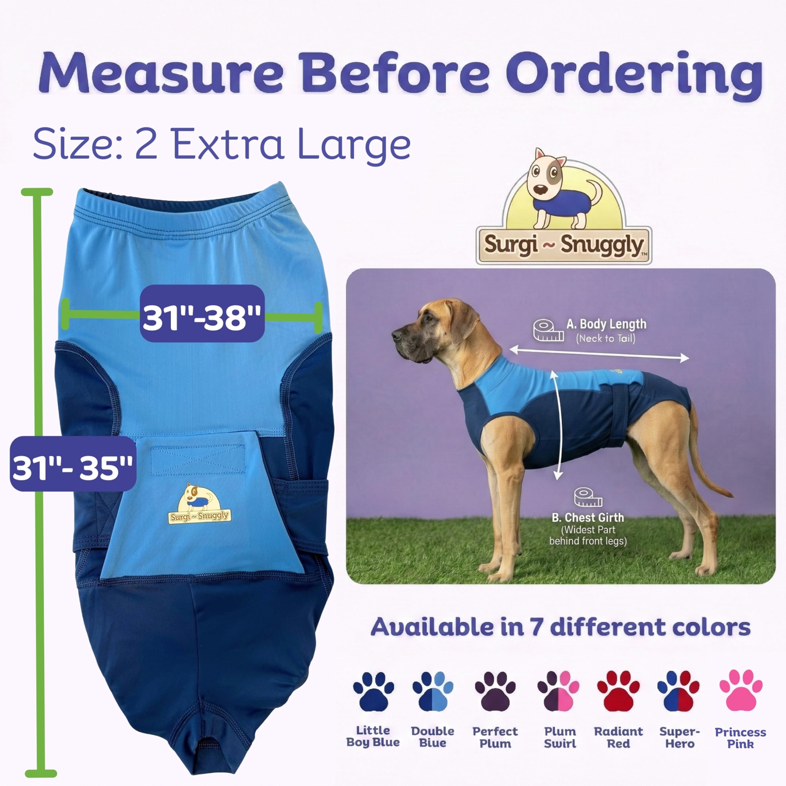 Surgi~Snuggly back panel open design for easy potty breaks during recovery