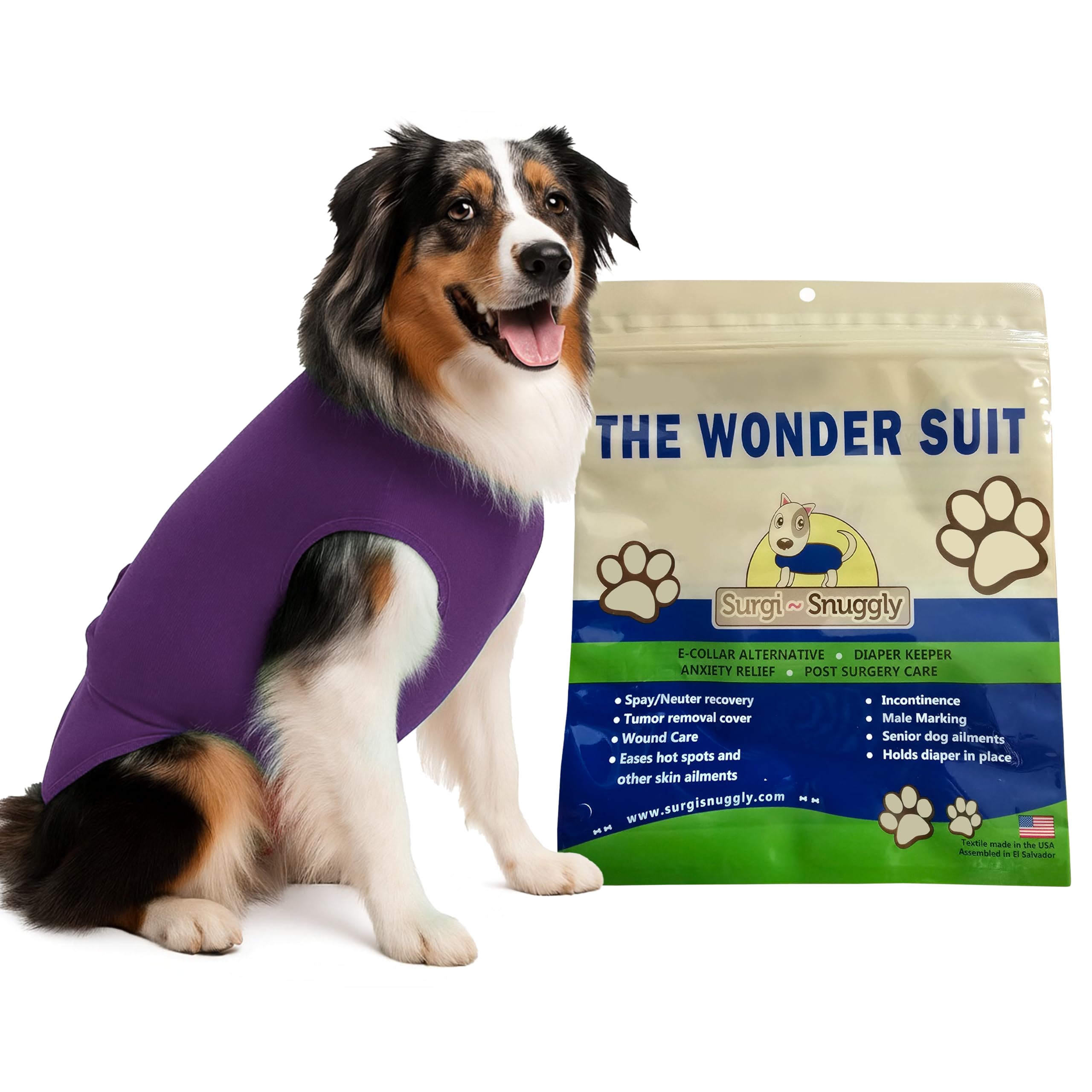 SurgiSnuggly recovery suit in plum with back opening for easy post-surgery wear.
