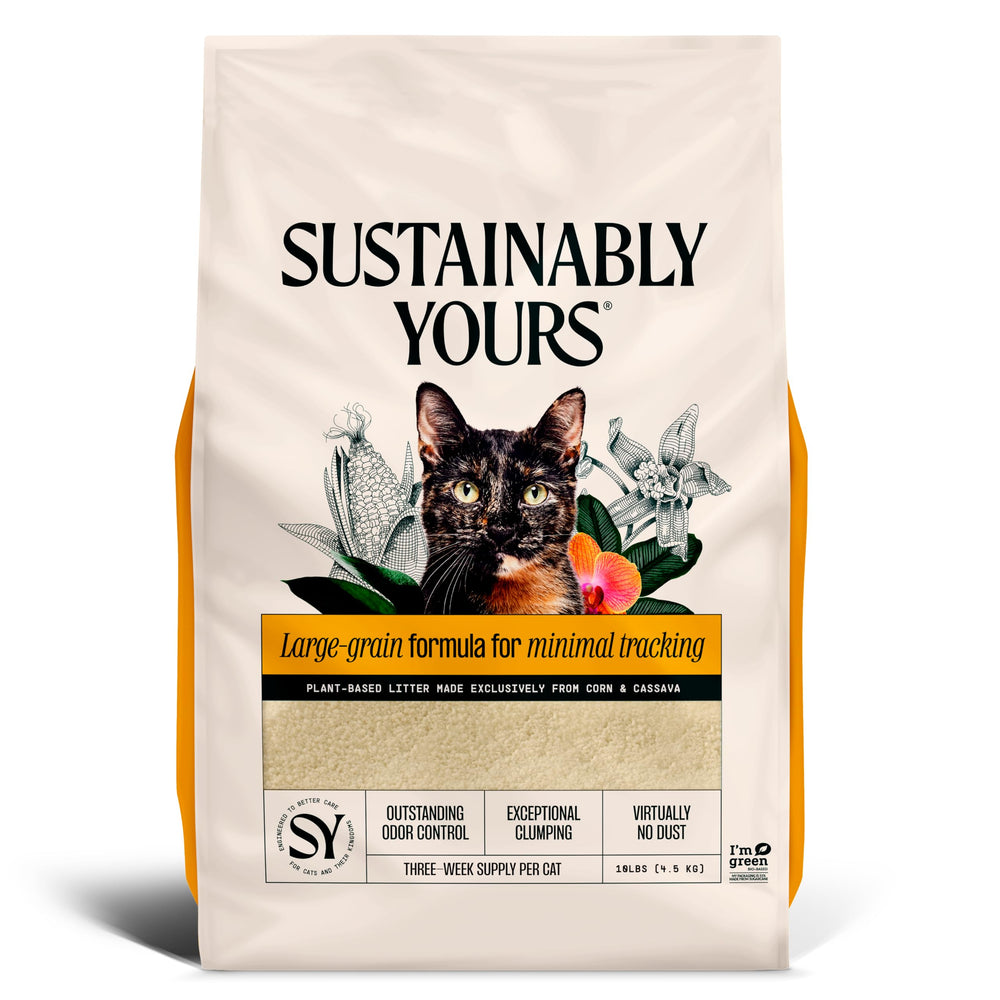 Sustainably Yours natural cat litter large grain closeup highlighting firm clumps and reduced tracking.