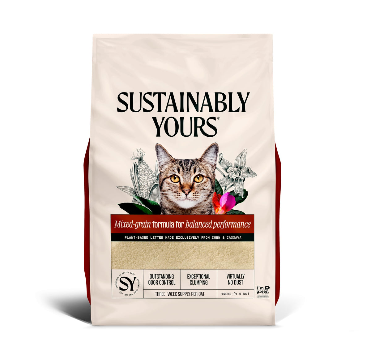 Sustainably Yours mixed-grain litter in a bag showing balanced performance and easy scooping.