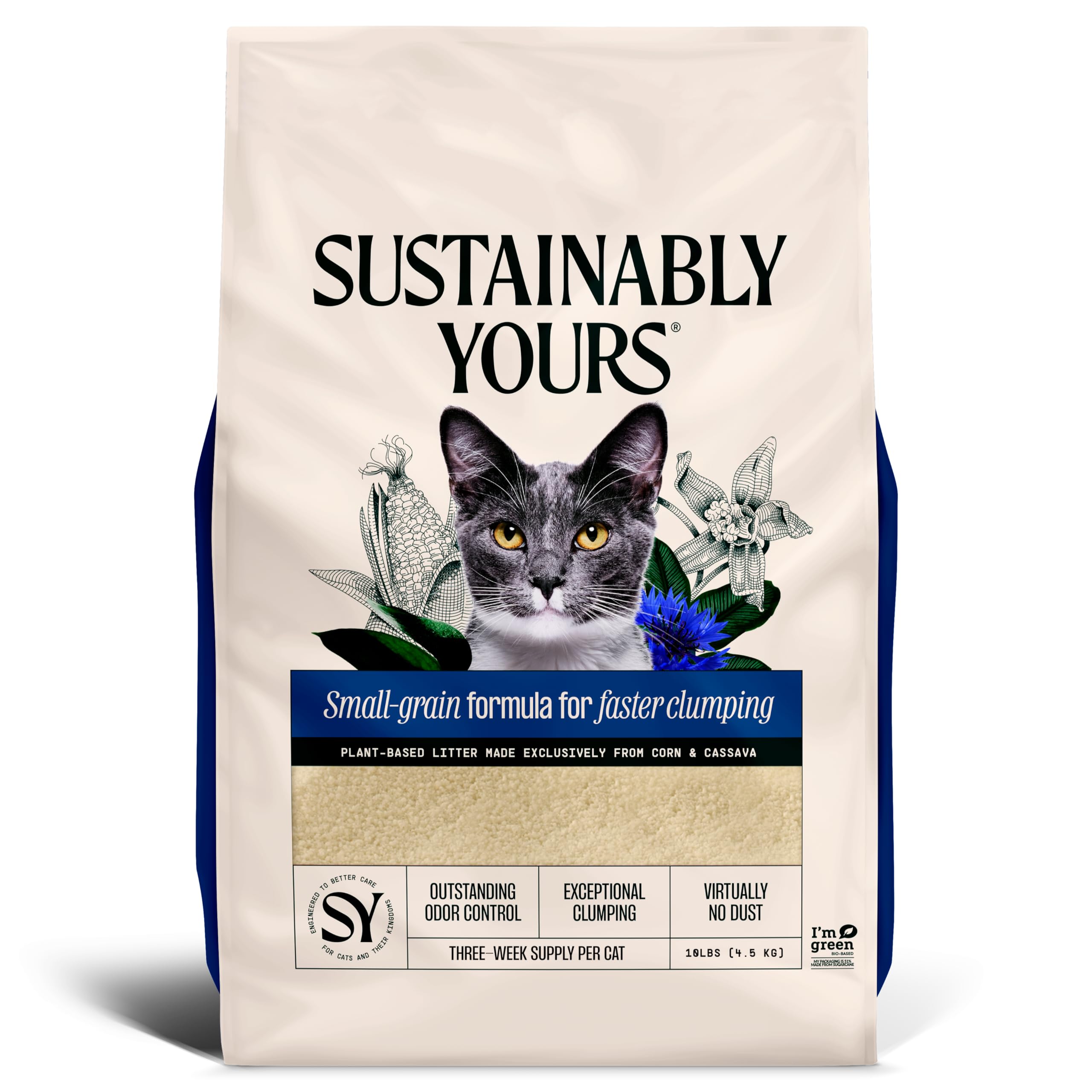 Sustainably Yours natural cat litter bag shows small-grain formula for fast clumping.