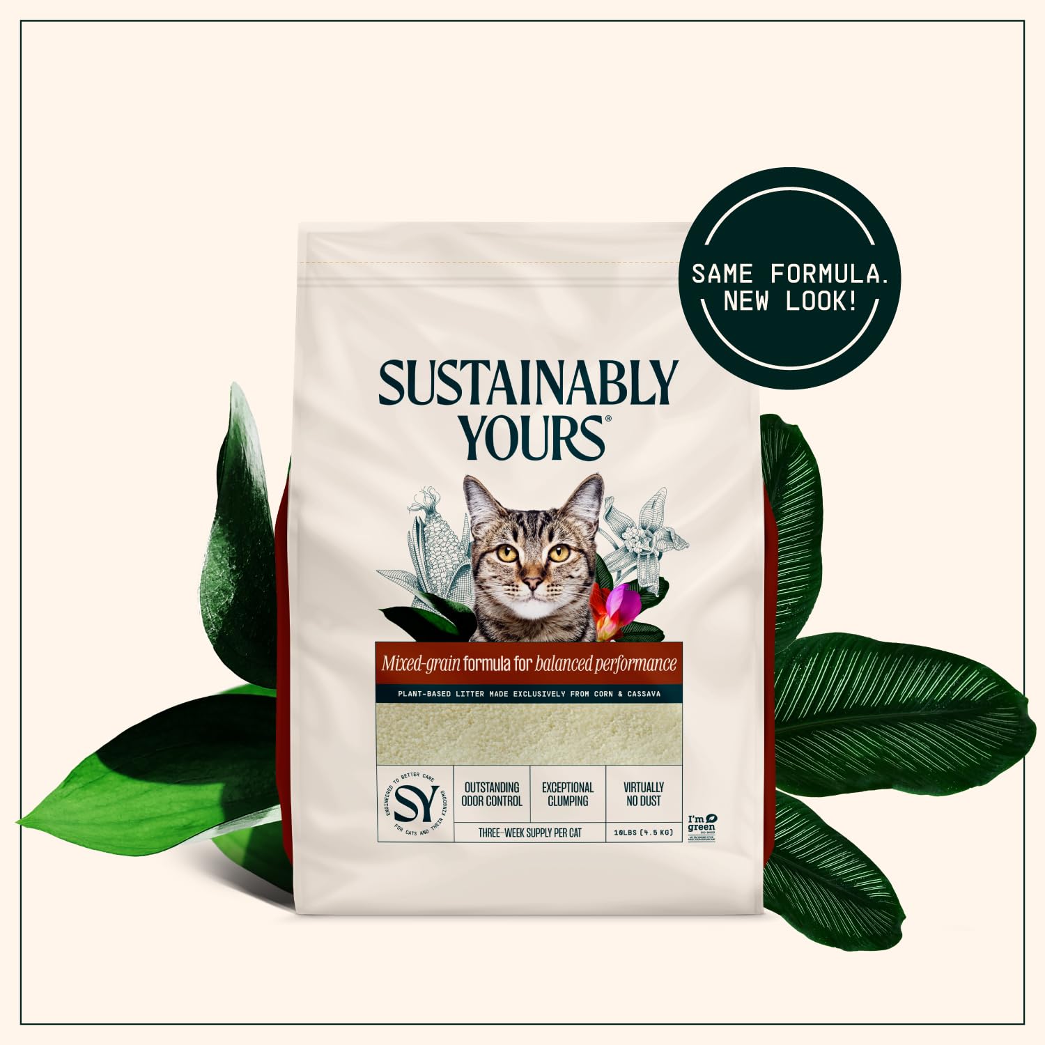 Sustainably Yours unscented 10 lb litter suitable for sensitive cats and homes.