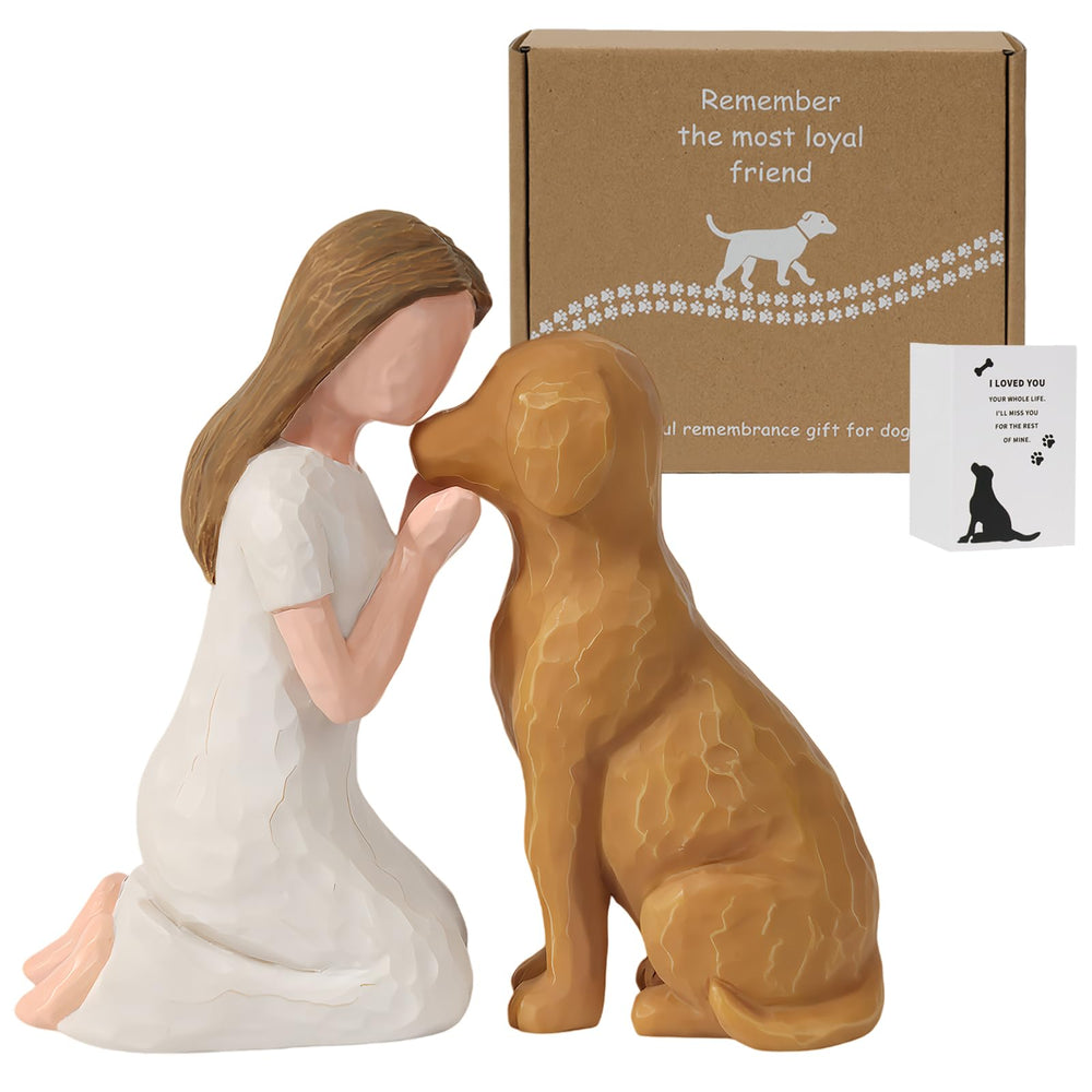 SUTIMAS pet memorial figurine: hand-painted brown dog with girl on display.