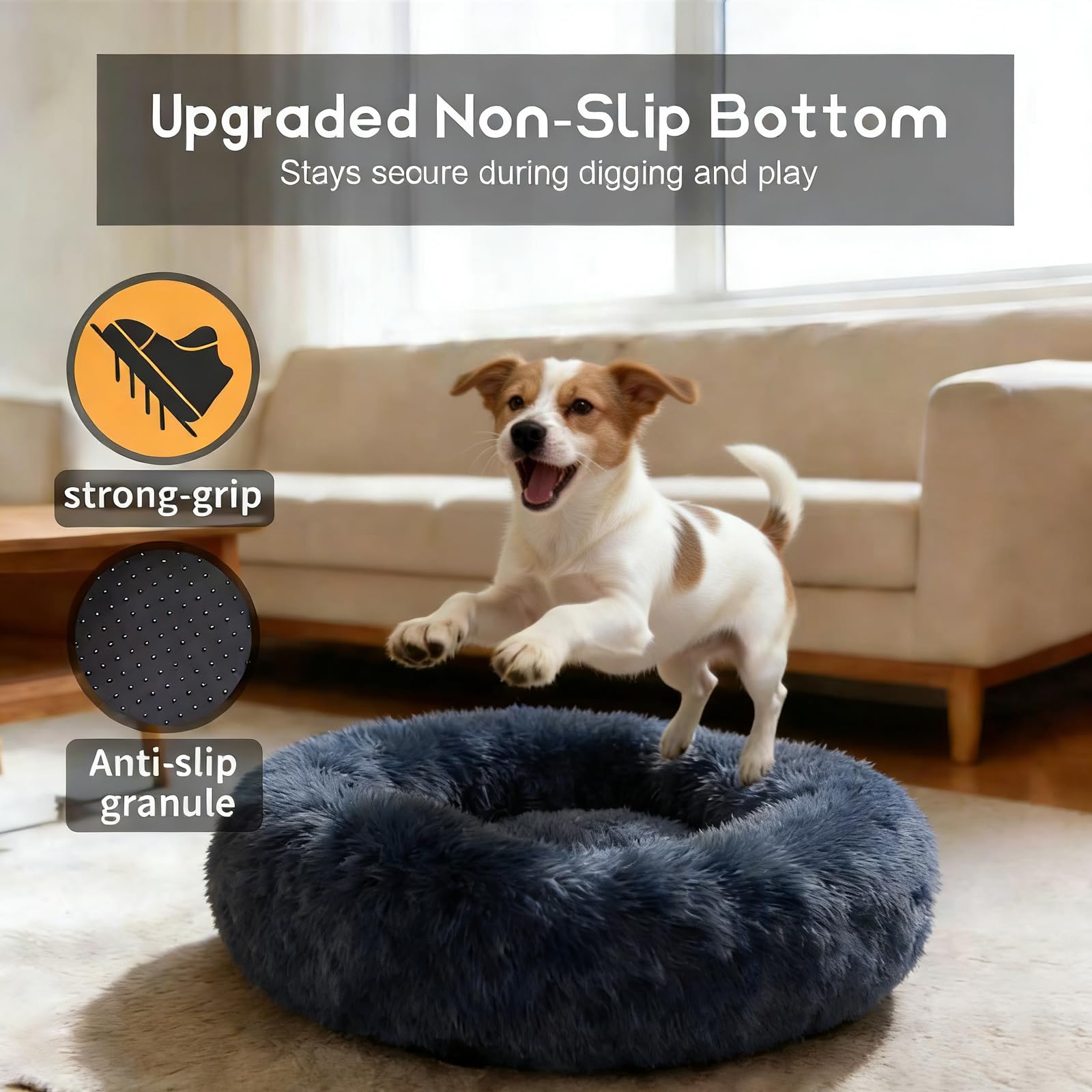 SUVAMJAM Comfort Donut Bed non-slip base keeps bed in place on floors.
