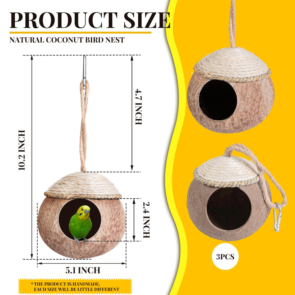 Suzile parakeet coconut nest with shell and straw weave for comfortable nesting.