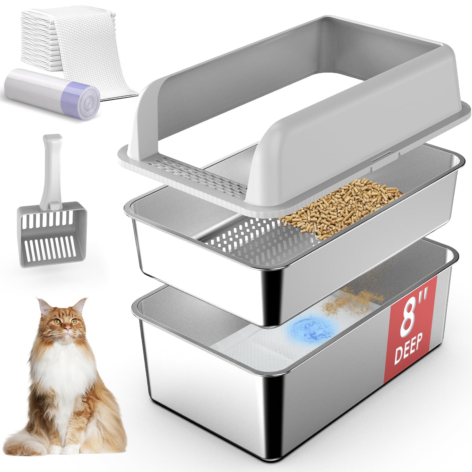 Suzzipaws 8-inch deep stainless steel litter box with lid for easier maintenance.