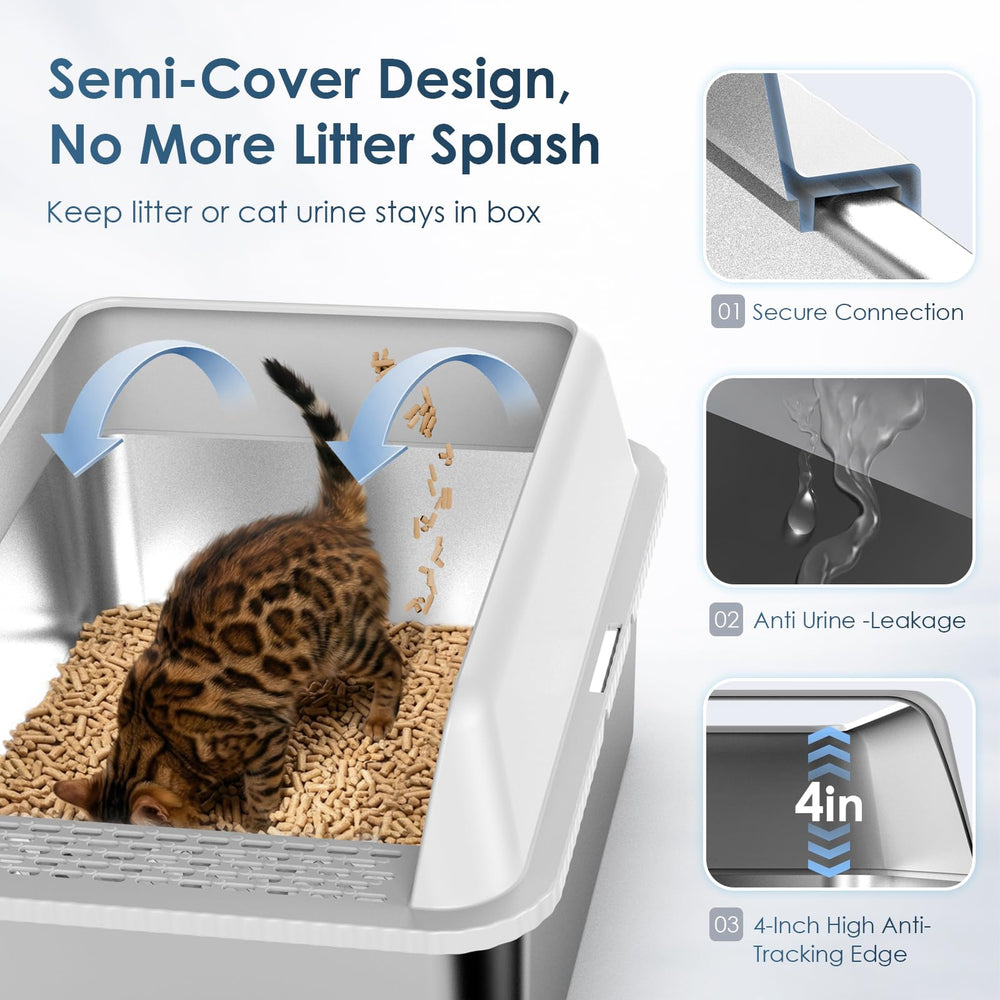 Suzzipaws high-sided anti-leakage frame contains urine and prevents litter scatter.