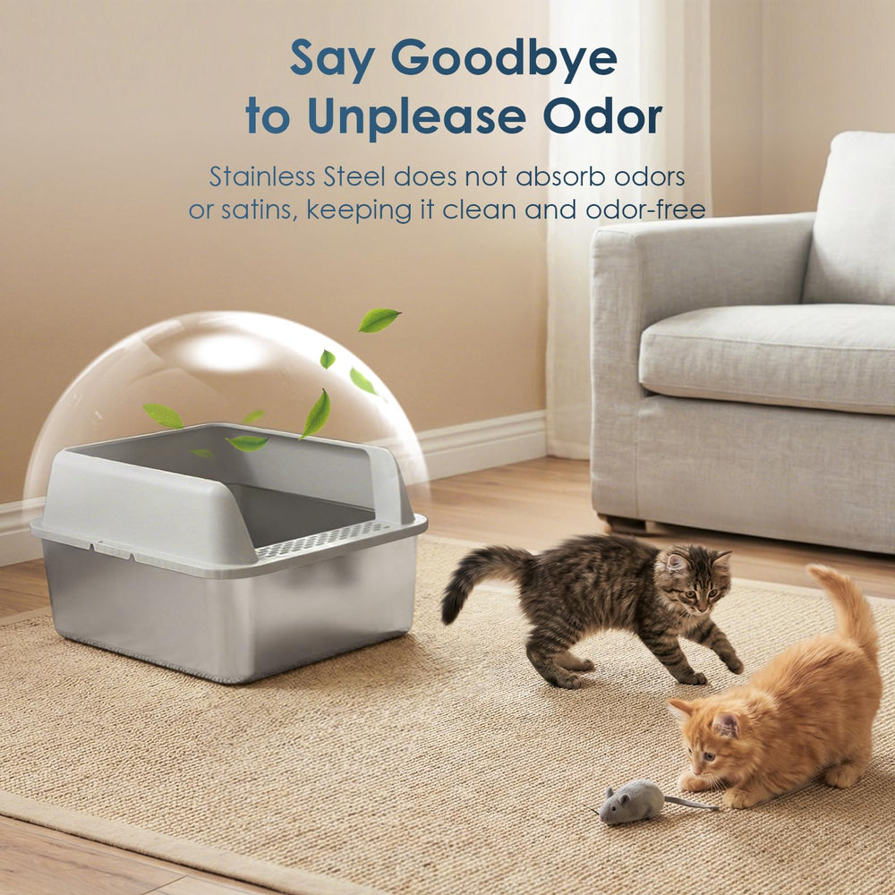 Suzzipaws rust-resistant steel litter box stays clean with simple wipes.