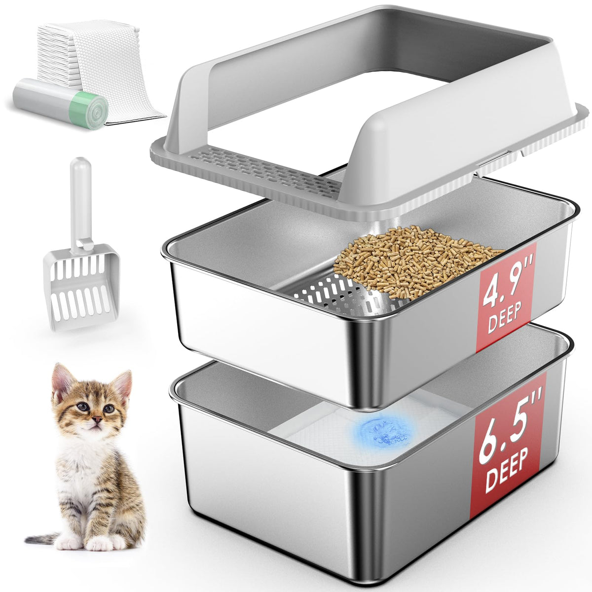Suzzipaws stainless steel litter box with lid, top view showing secure enclosure and compact footprint.