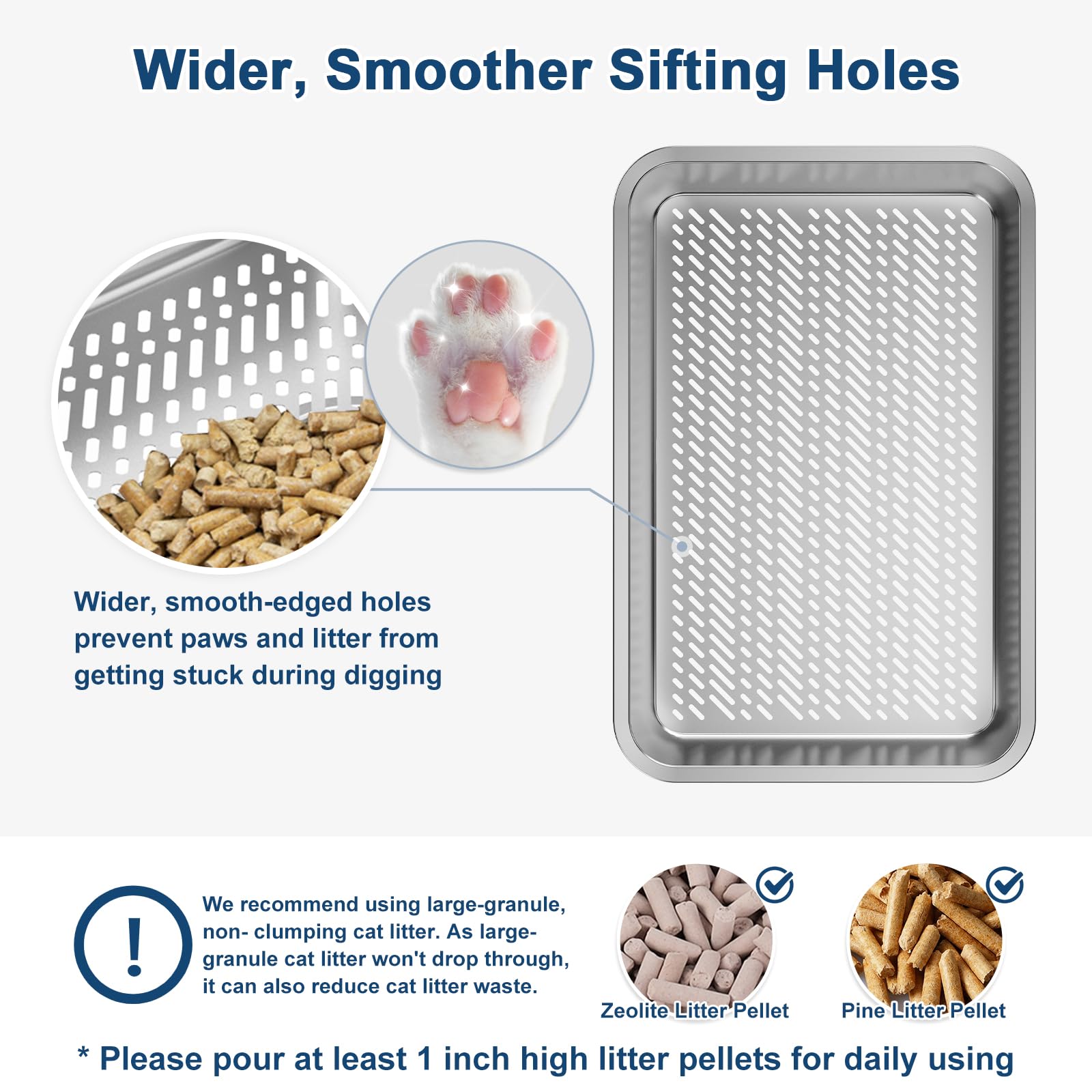 Removable sifting pan for quick waste separation and cleanup.