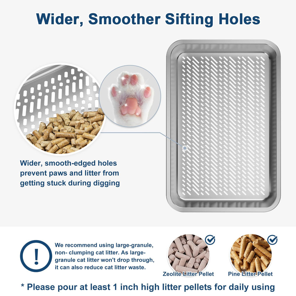 Removable sifting pan for quick waste separation and cleanup.