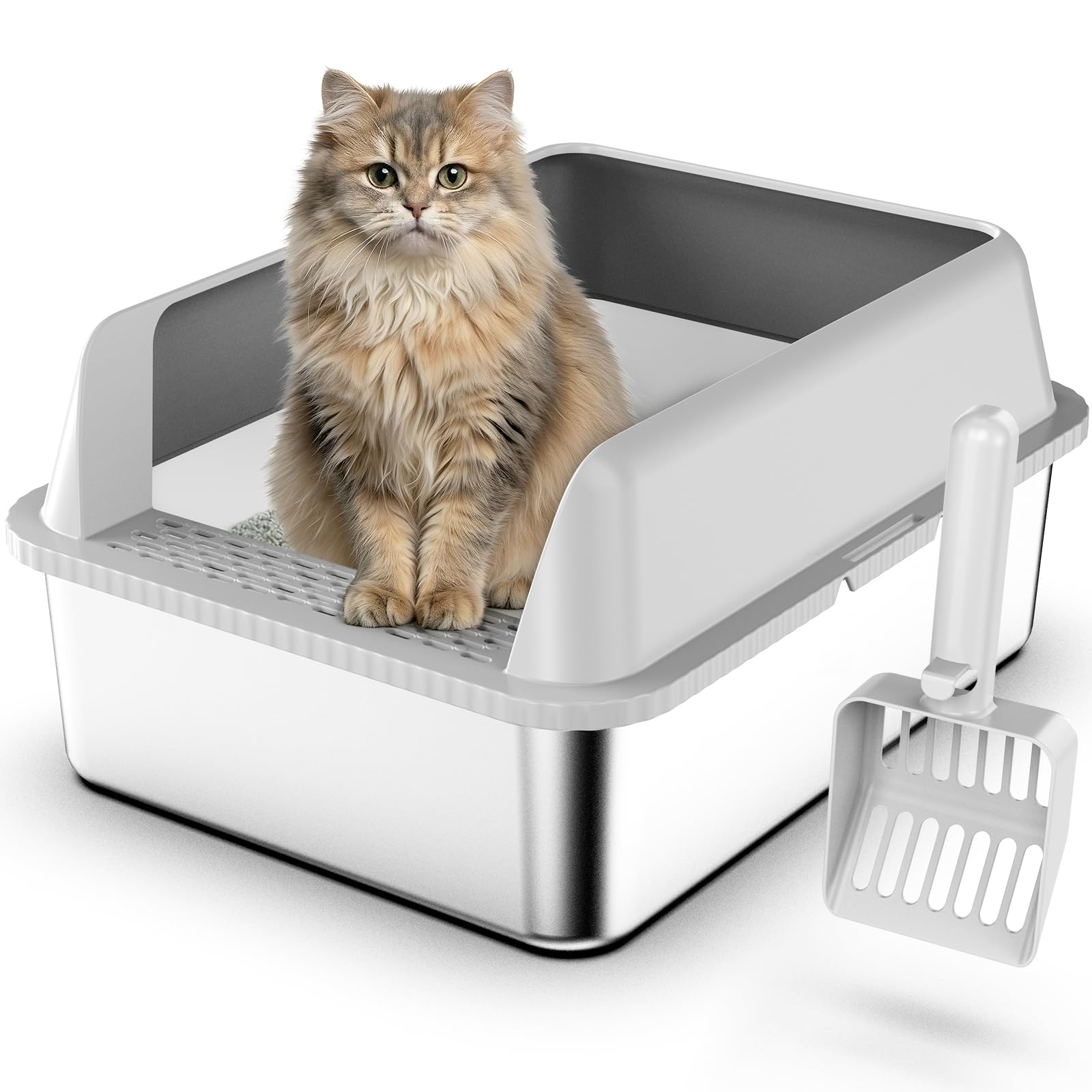 Suzzipaws stainless steel litter box with lid for easy cleaning and leak protection.