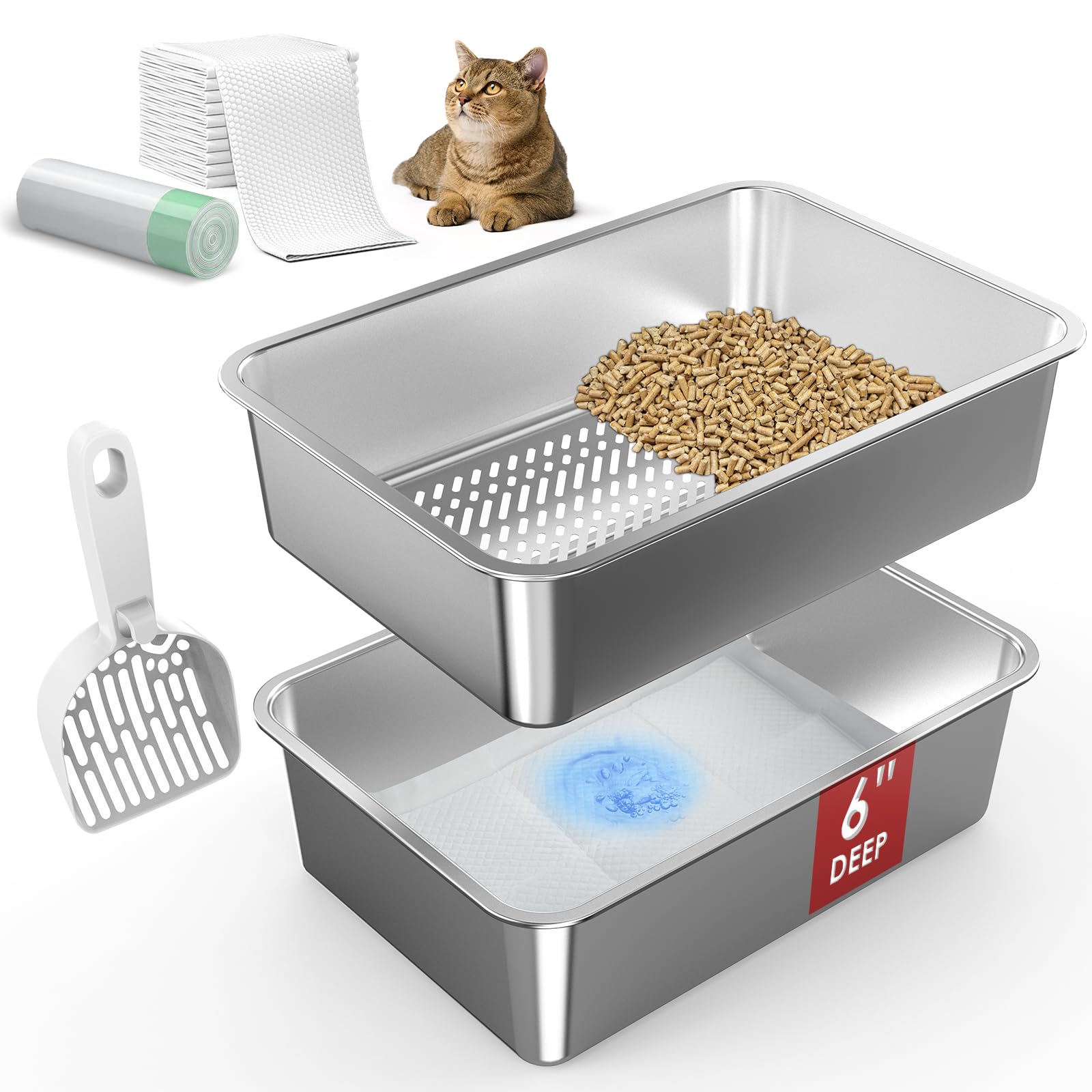 Suzzipaws stainless steel litter box with open top for easy cleaning and odor control.