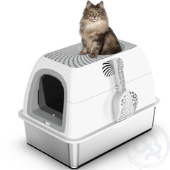 Suzzipaws top-entry litter box front view shows dog-proof design