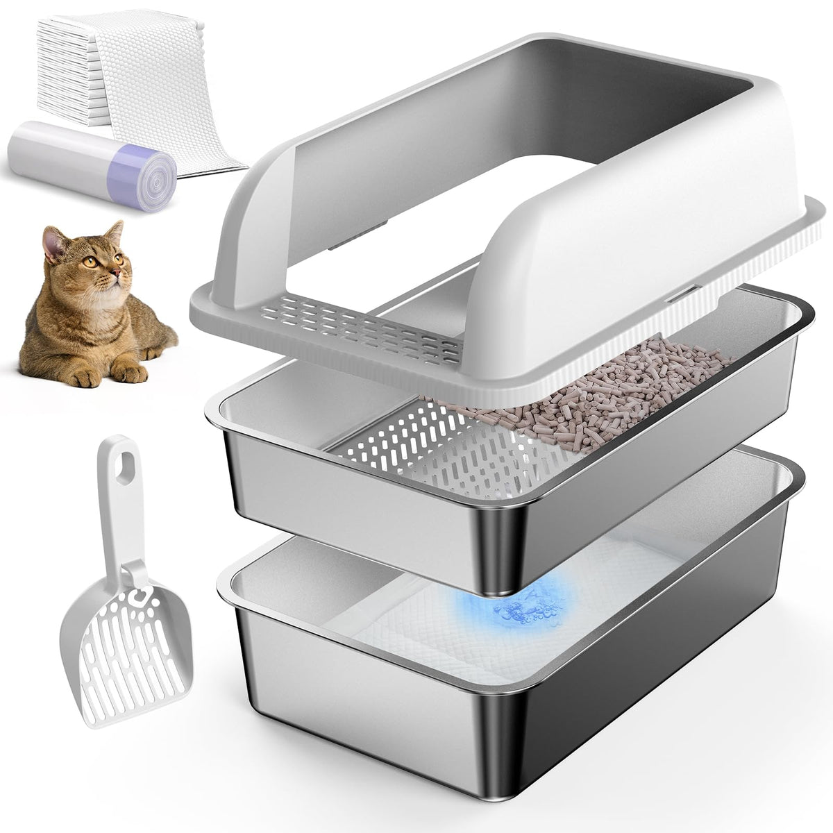 Suzzipaws XL stainless litter box with lid, showcasing a clean, contained setup
