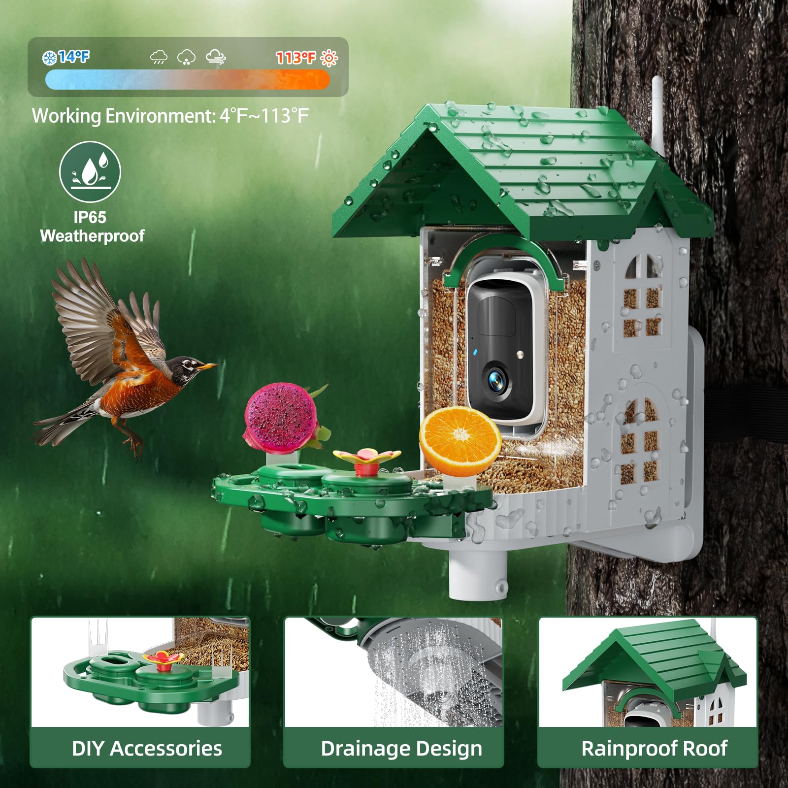 SV3C Bird Feeder includes DIY nectar, water, and fruit addons to attract diverse species