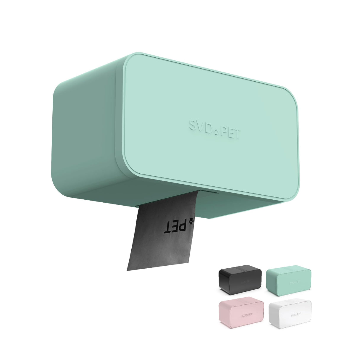 SVD.PET wall-mounted dog poop bag dispenser with spearmint finish, ready for outdoor use.