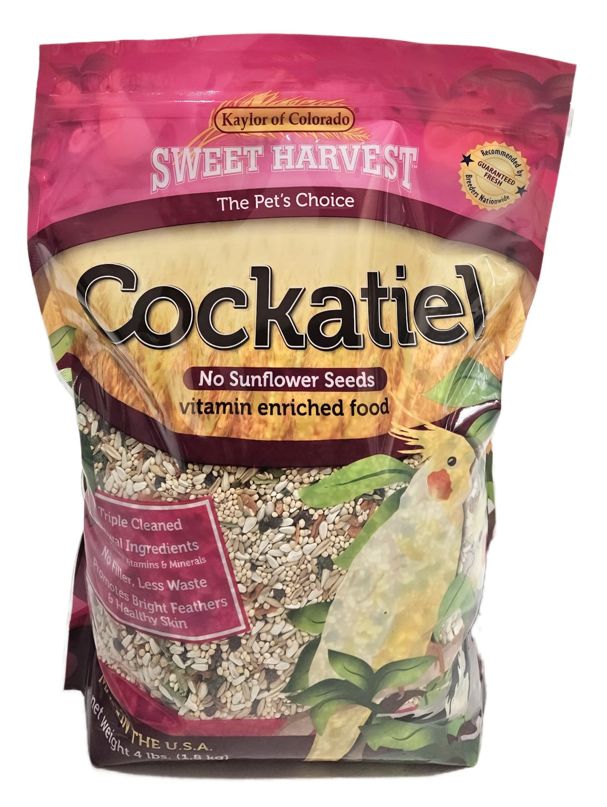 Sweet Harvest cockatiel no-sunflower-seed-mix bag with premium nutrition for birds.