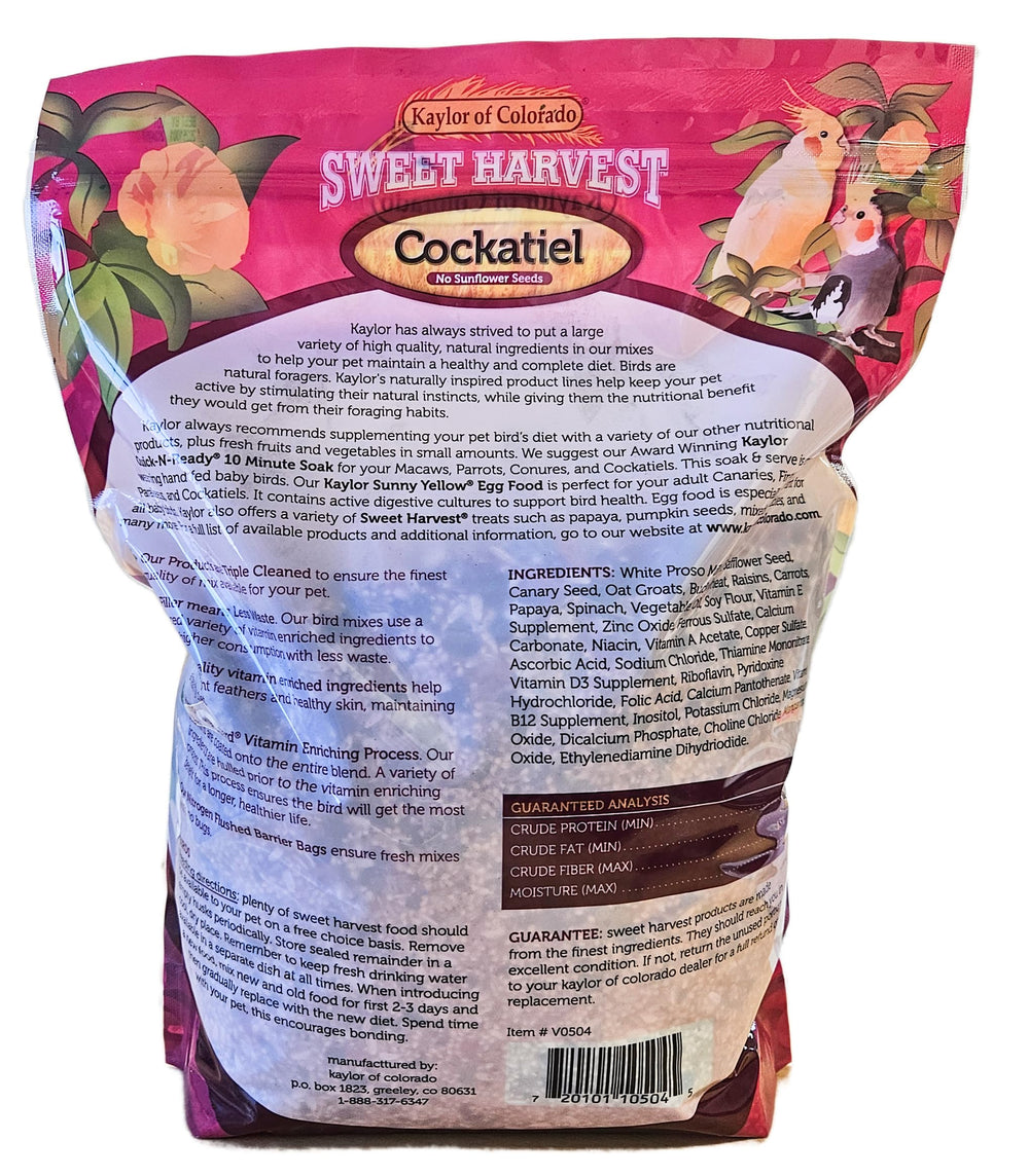Sweet Harvest cockatiel seed mix closeup showing diverse ingredients and textures.