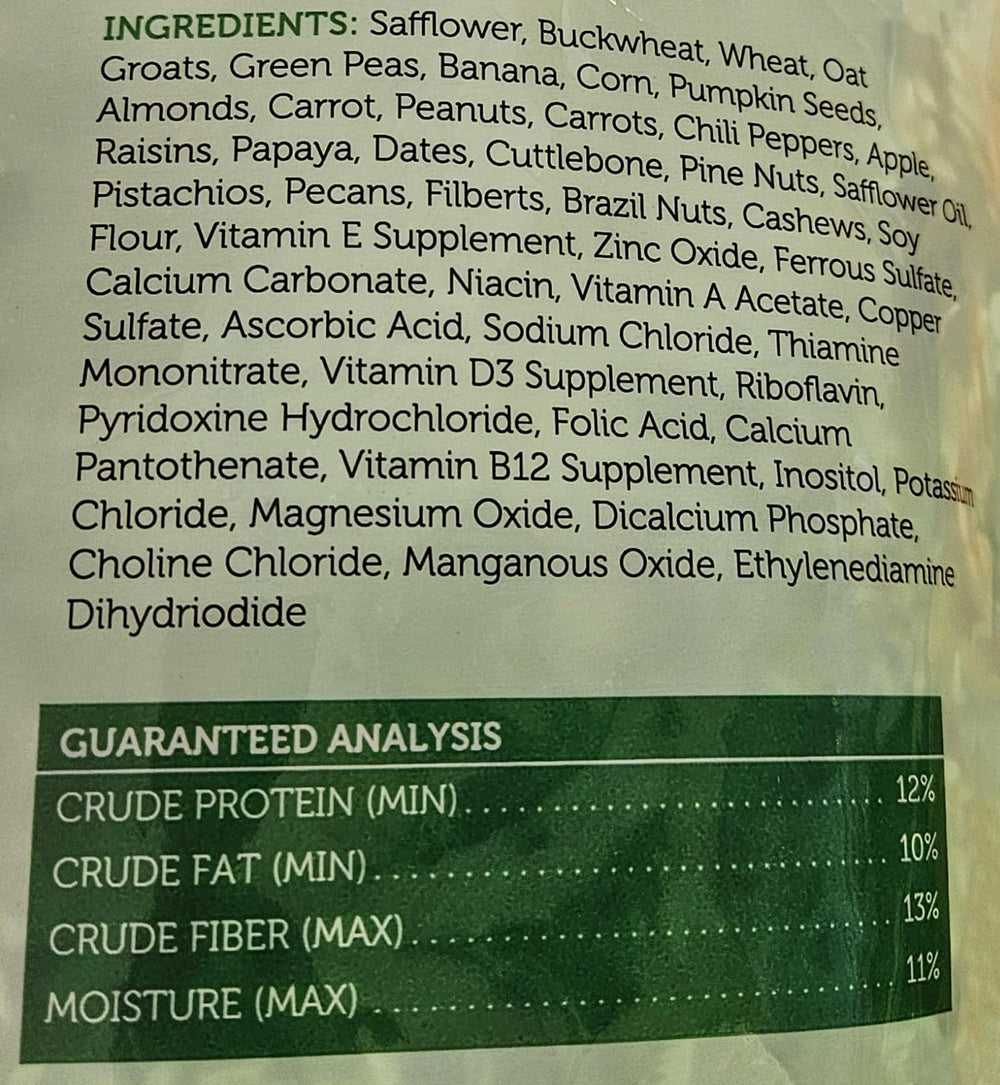 Sweet Harvest fruit-and-nut-seed-mix offers variety and enrichment for parrots.