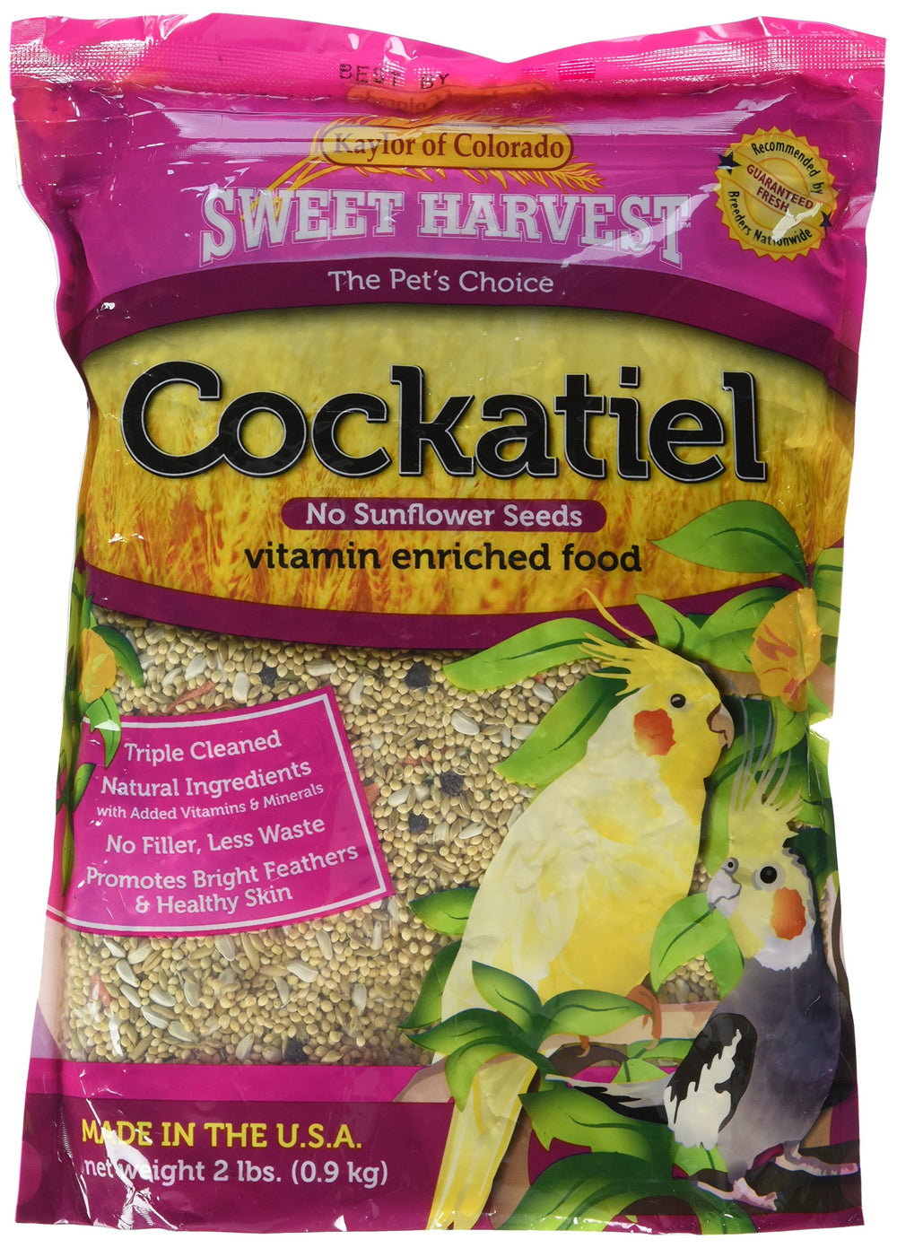 Sweet Harvest Kaylor-Made cockatiel food bag without sunflower seeds for healthier plumage.