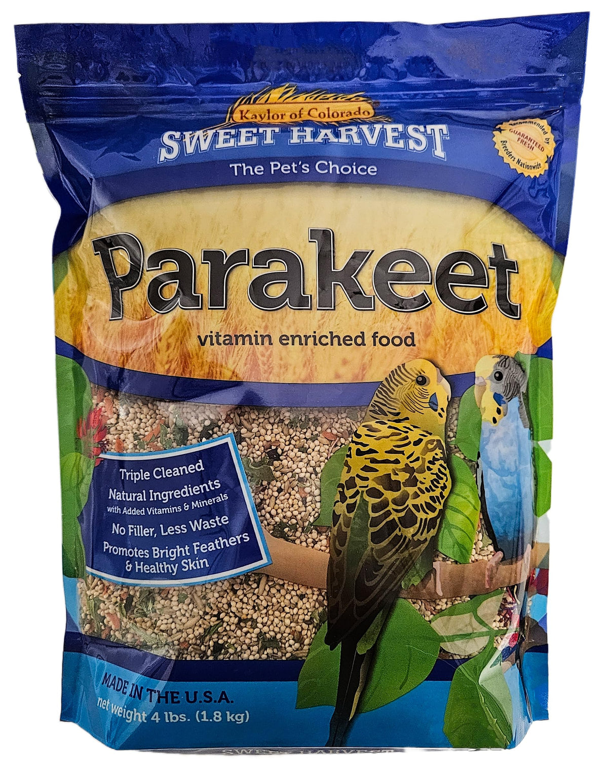 Sweet Harvest parakeet seed mix bag front view for daily budgie nutrition