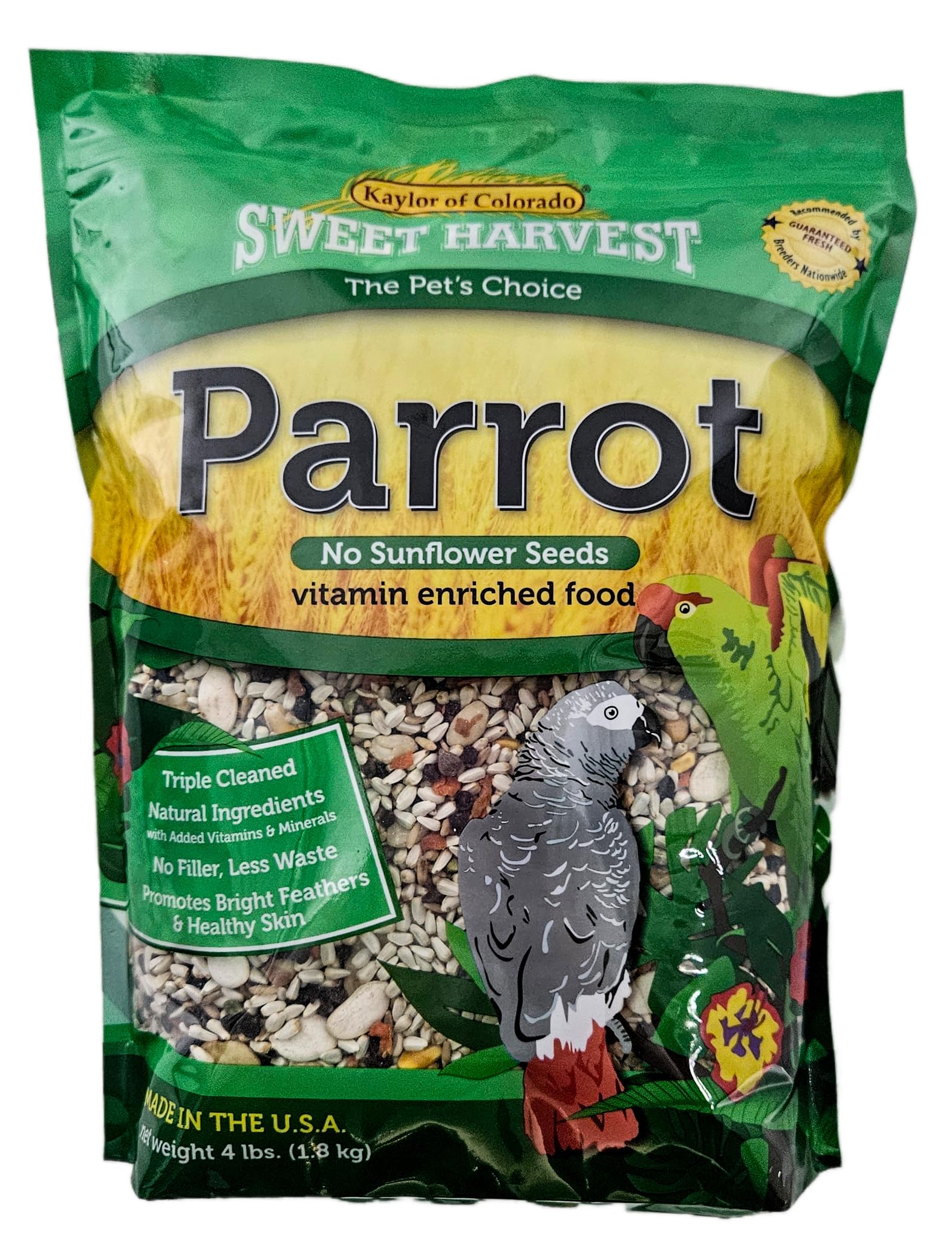 Sweet Harvest parrot food no-sunflower-seeds supports a balanced diet for parrots.