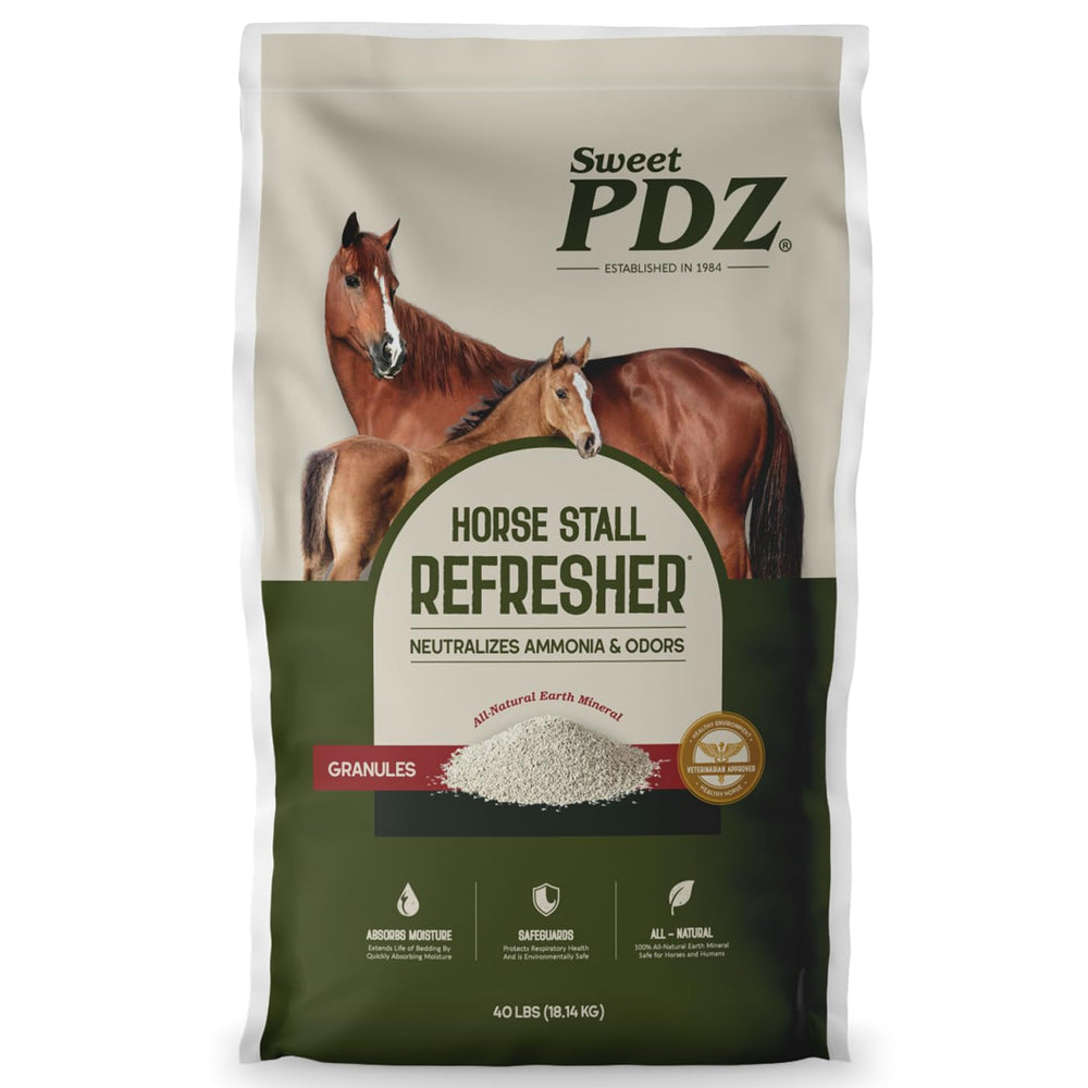 Sweet PDZ horse stall refresher granules in package reduce odors for a cleaner stall.