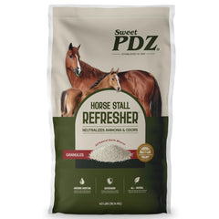 Sweet PDZ horse stall refresher granules in package reduce odors for a cleaner stall.
