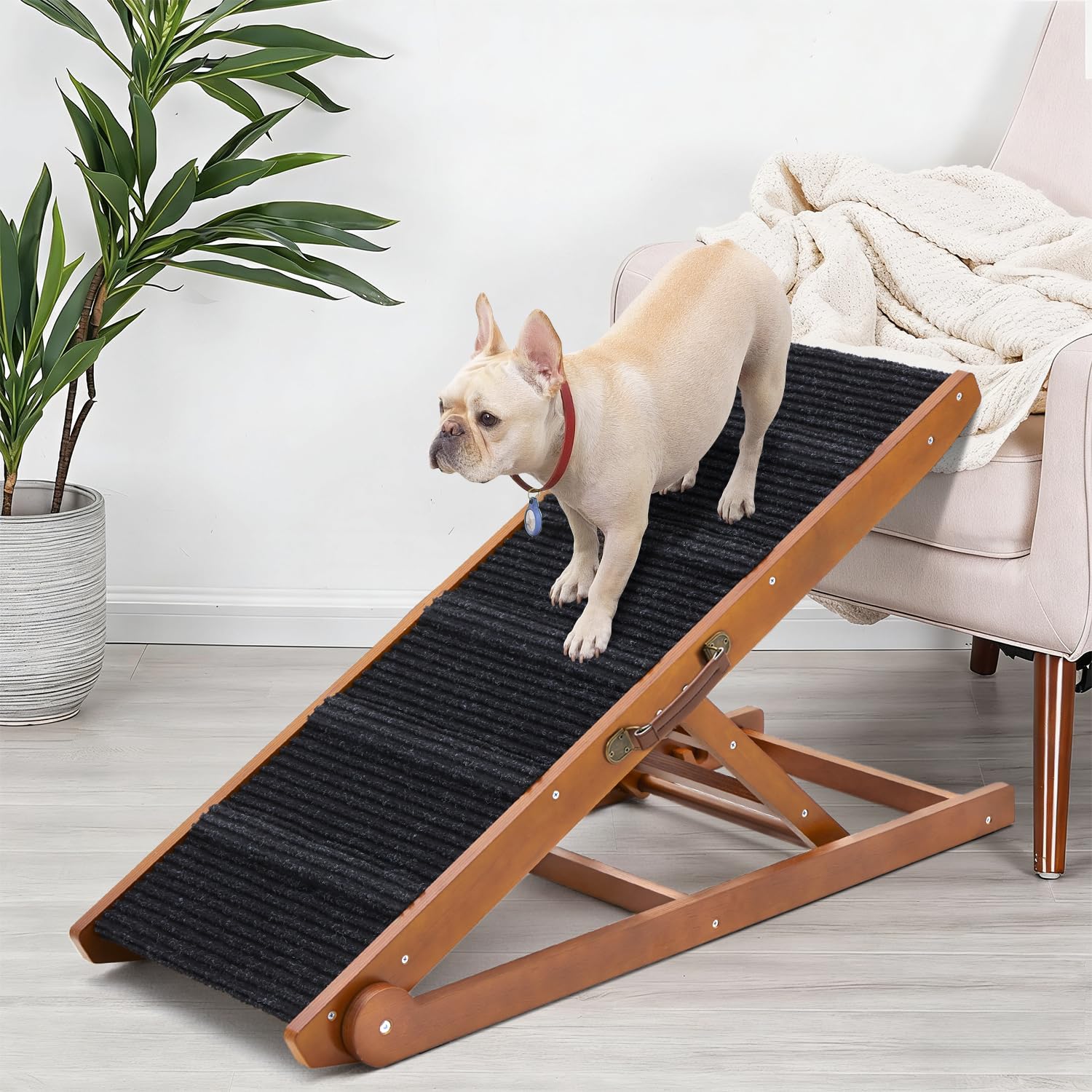 SweetBin dog ramp for bed with foldable design and six-height settings for easier bed access.