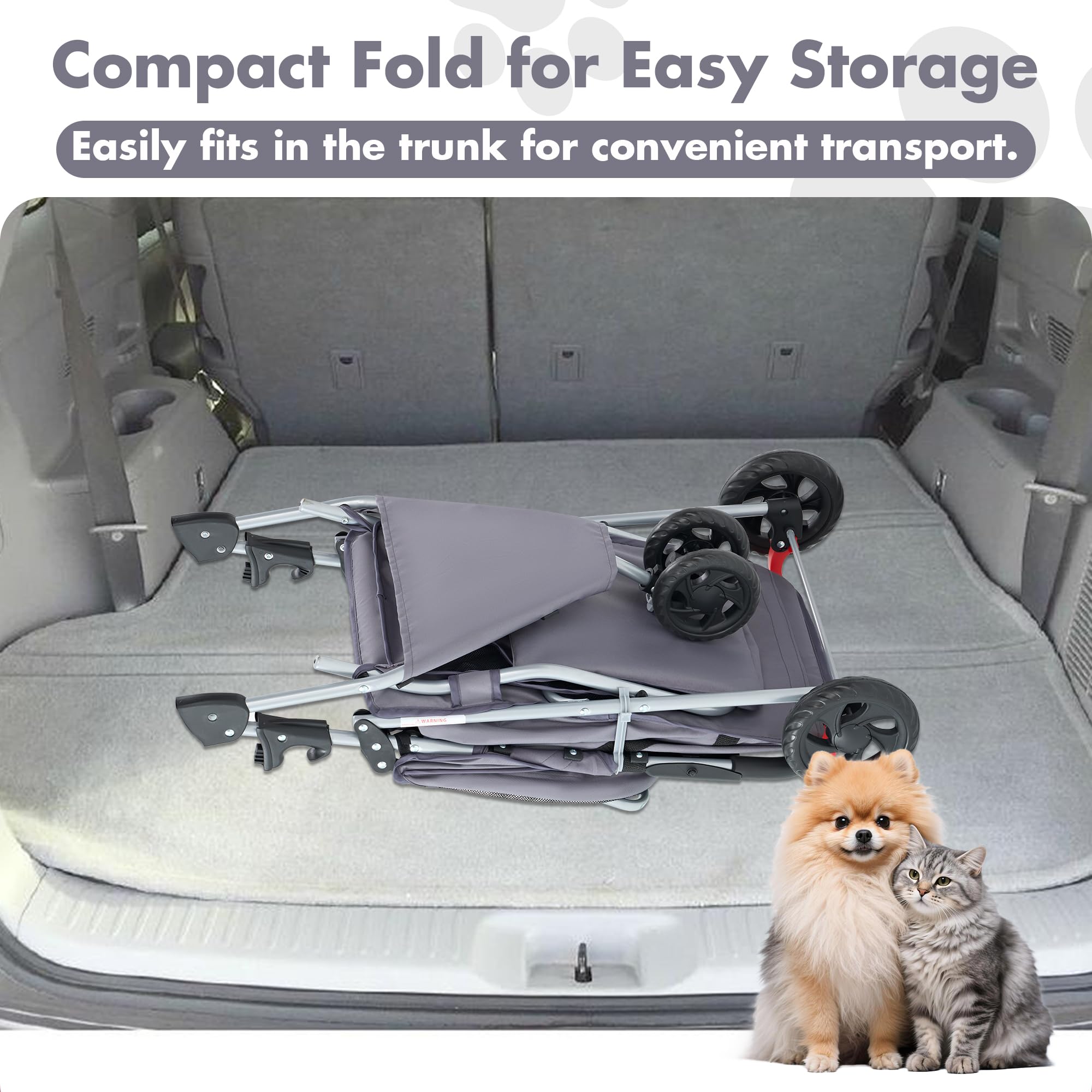 Sweetcrispy 3 Wheels Pet Stroller large basket storage for toys and snacks.