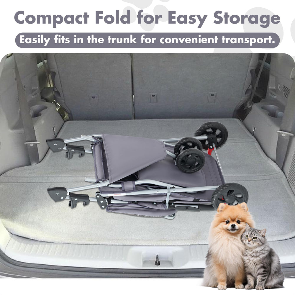 Sweetcrispy 3 Wheels Pet Stroller large basket storage for toys and snacks.