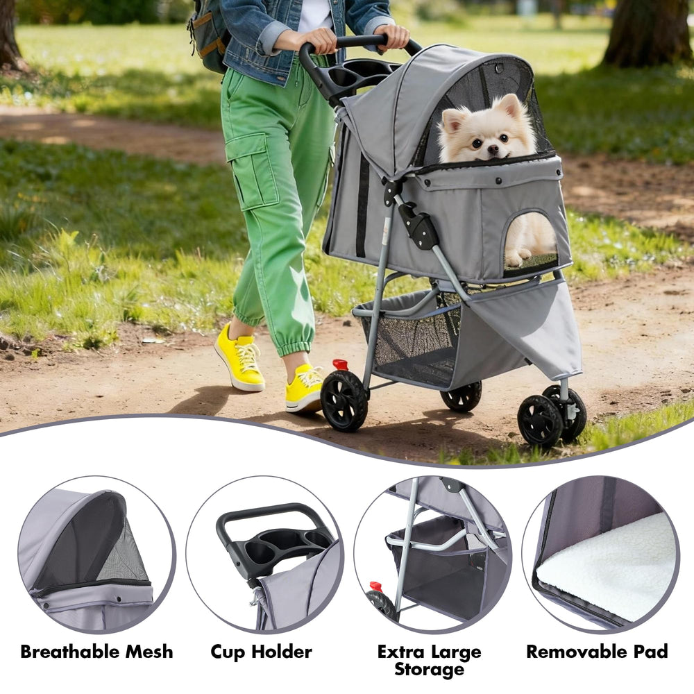 Sweetcrispy 3 Wheels Pet Stroller front-wheel supports smooth steering on sidewalks.