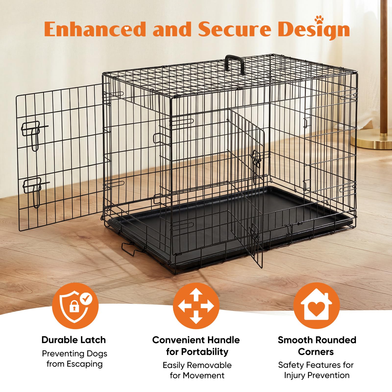 Sweetcrispy 36in dog crate double doors highlight easy access and quick setup.