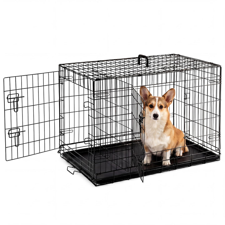 Sweetcrispy 36in dog crate front view with double doors for safe indoor containment.