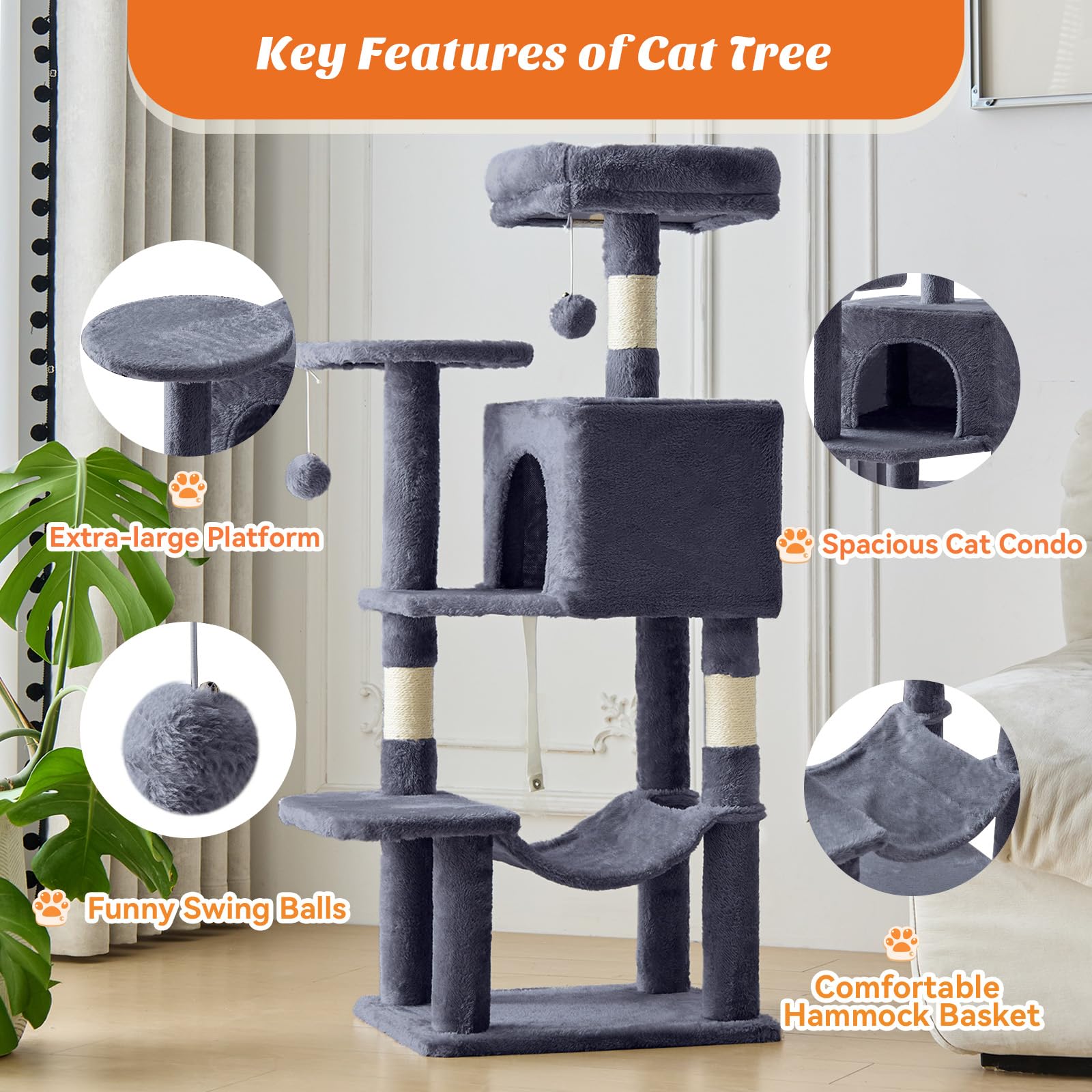 Sweetcrispy 44 Inch Cat Tree hammock: lounge spot after a climb.