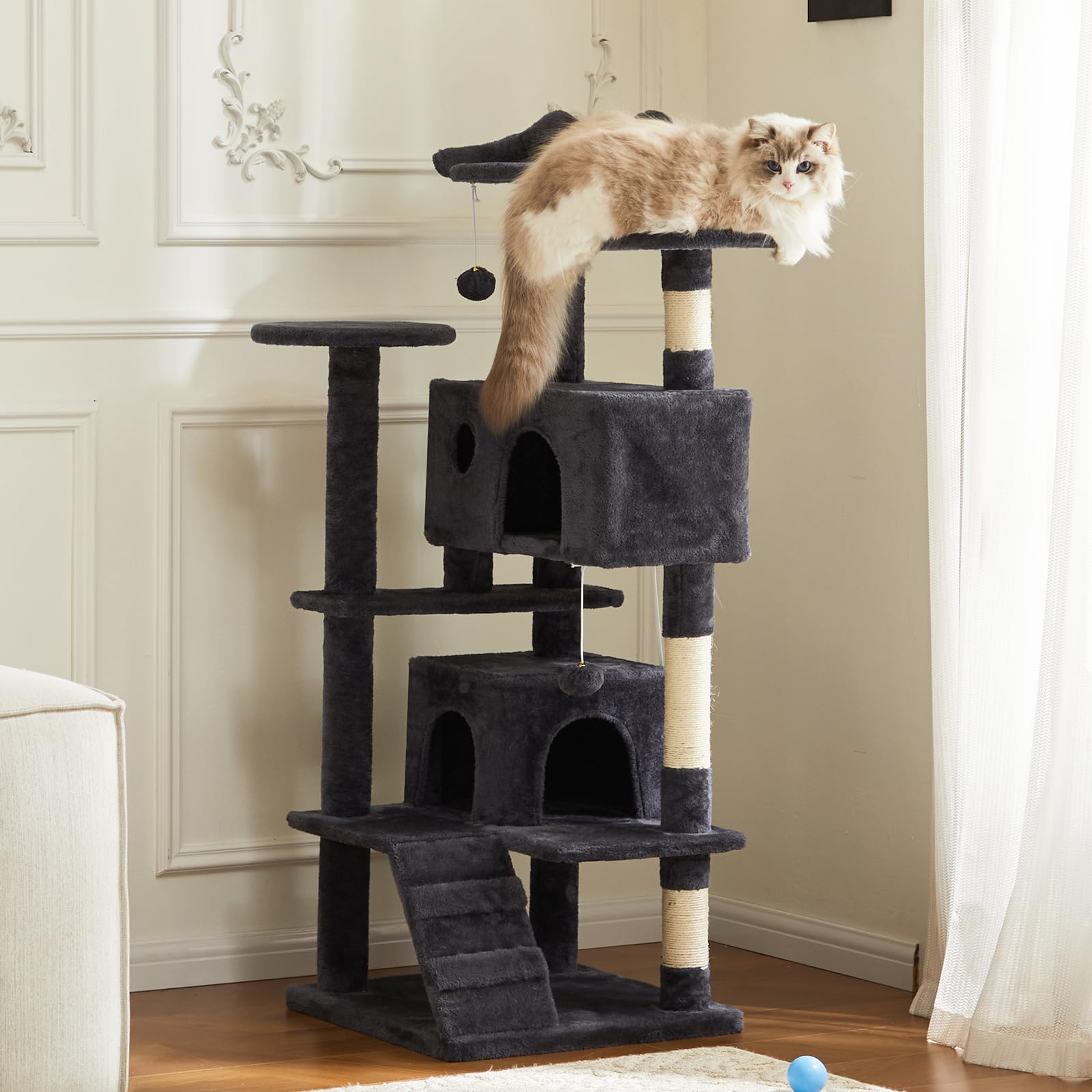 Sweetcrispy cat tree assembly guide image showing labeled parts and tools.