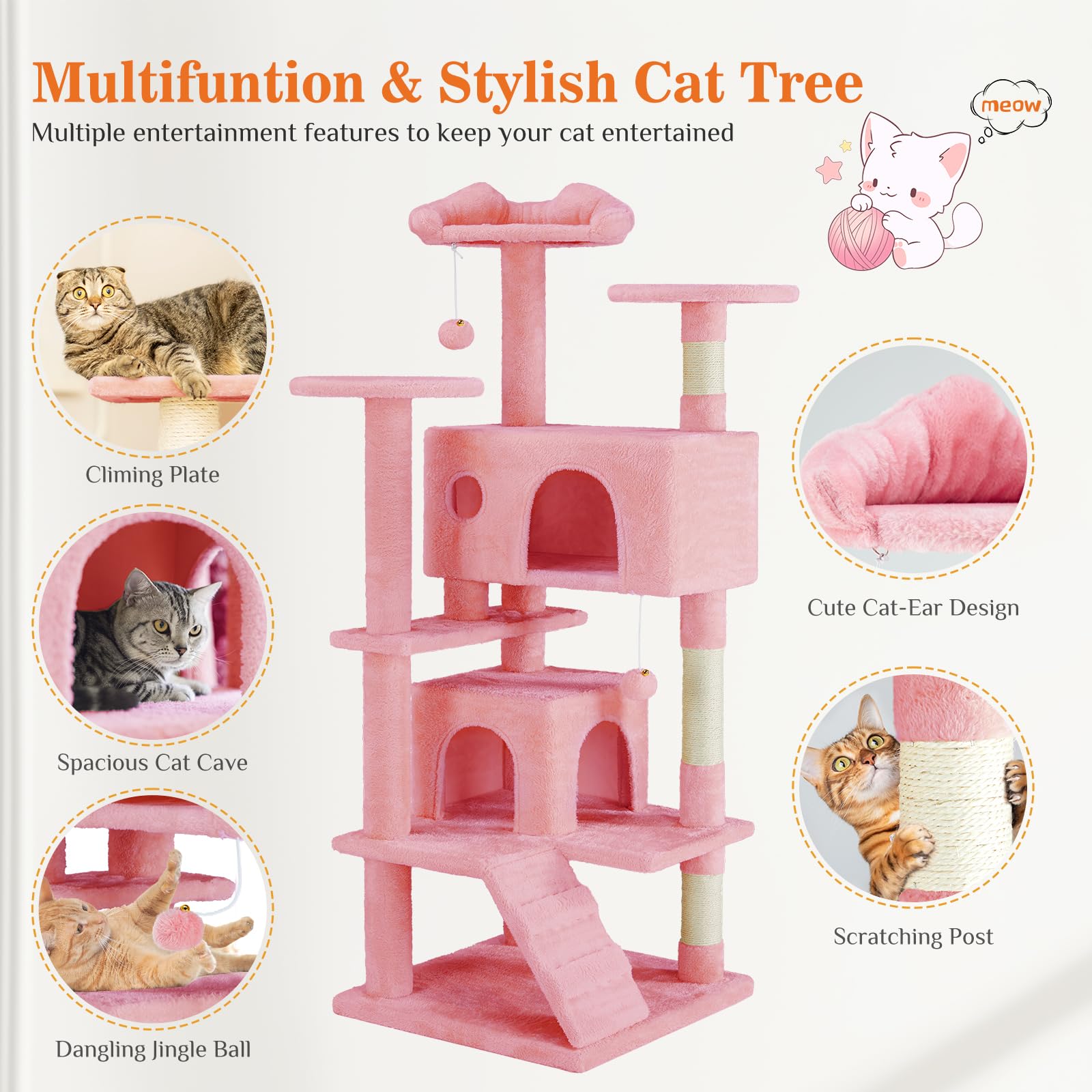 Sweetcrispy 54-inch cat tree side view highlighting vertical multi-cat play area.