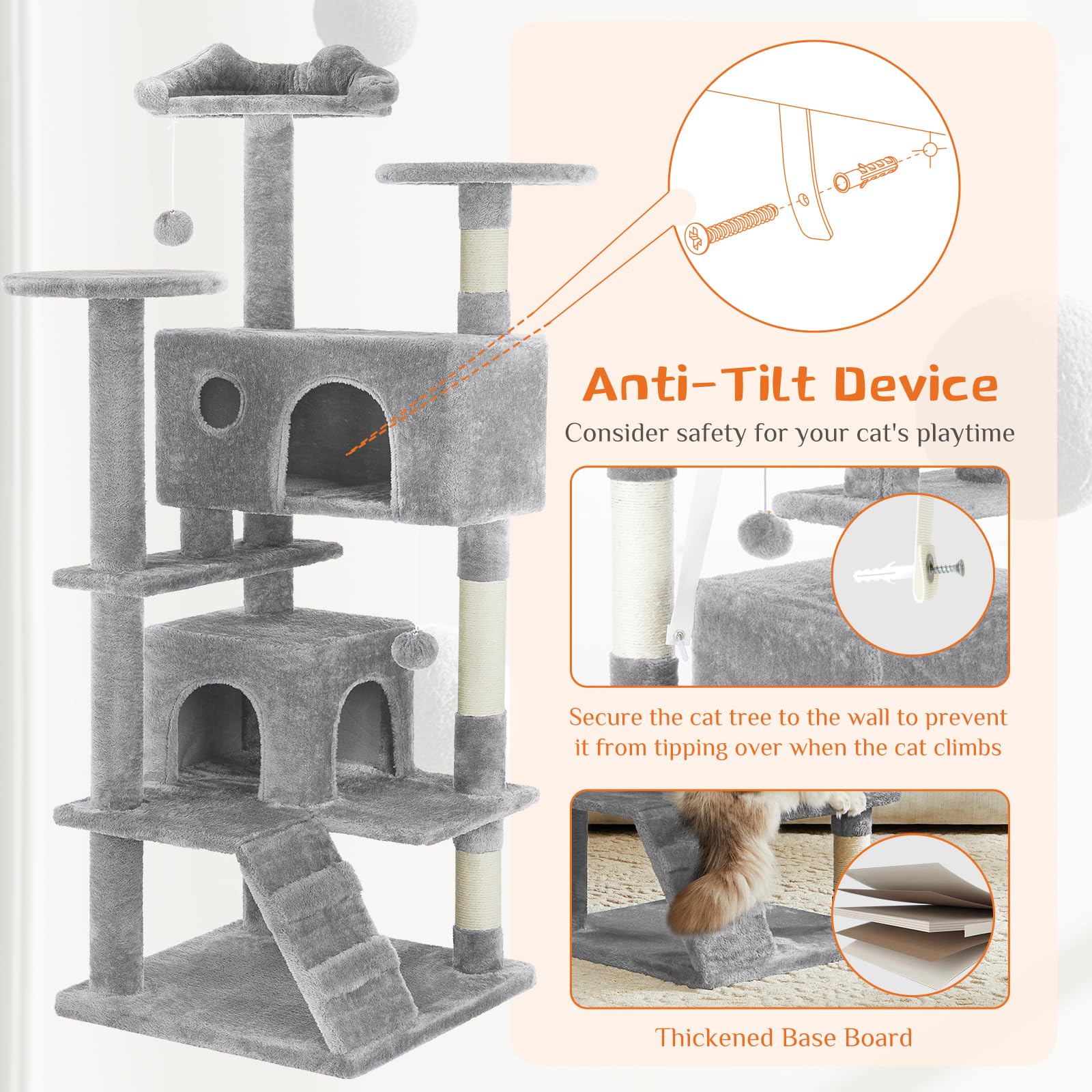 Sweetcrispy cat tree anti-tilt device stabilizes the tall structure.