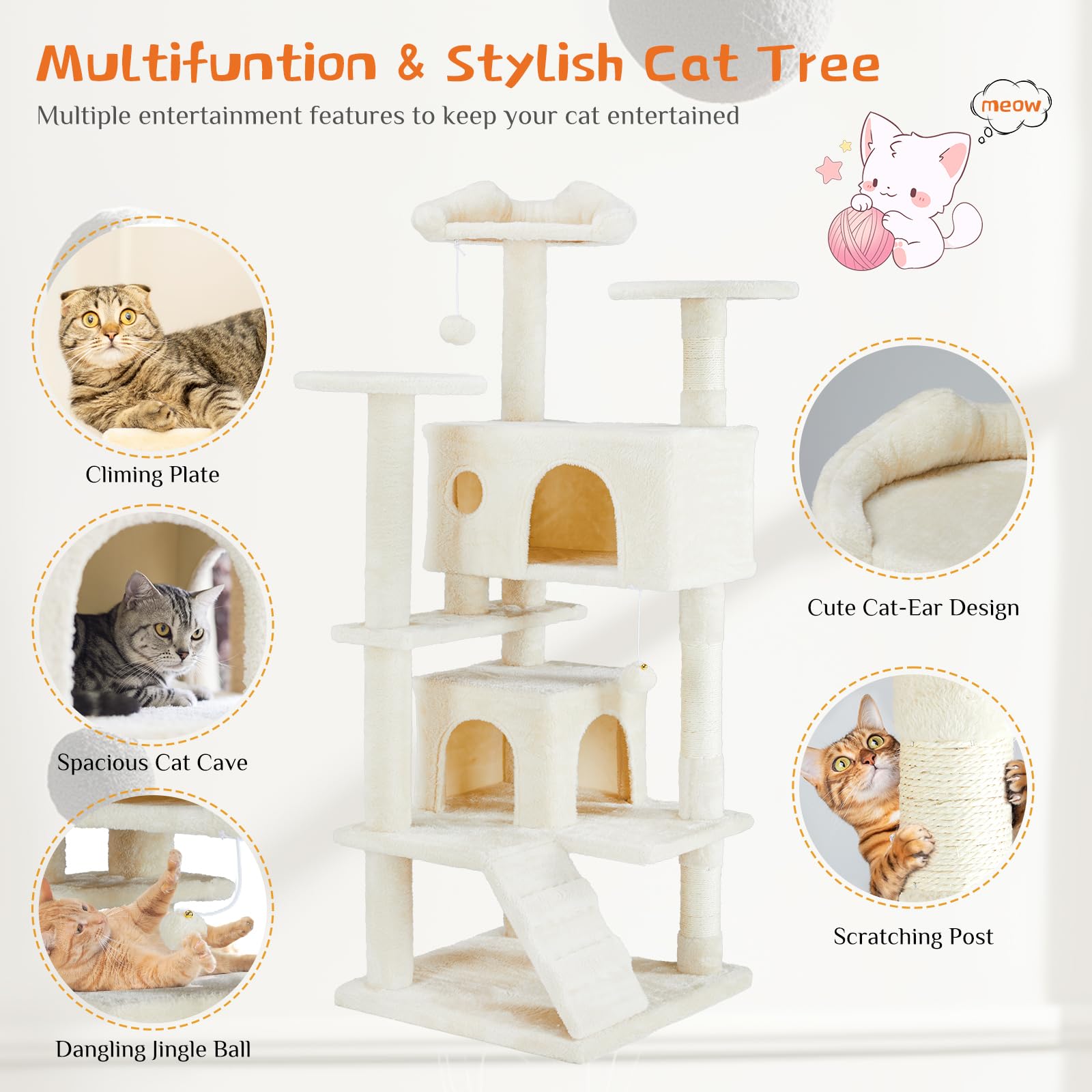 Sweetcrispy cat tree features a climbing ramp for easy access between levels.