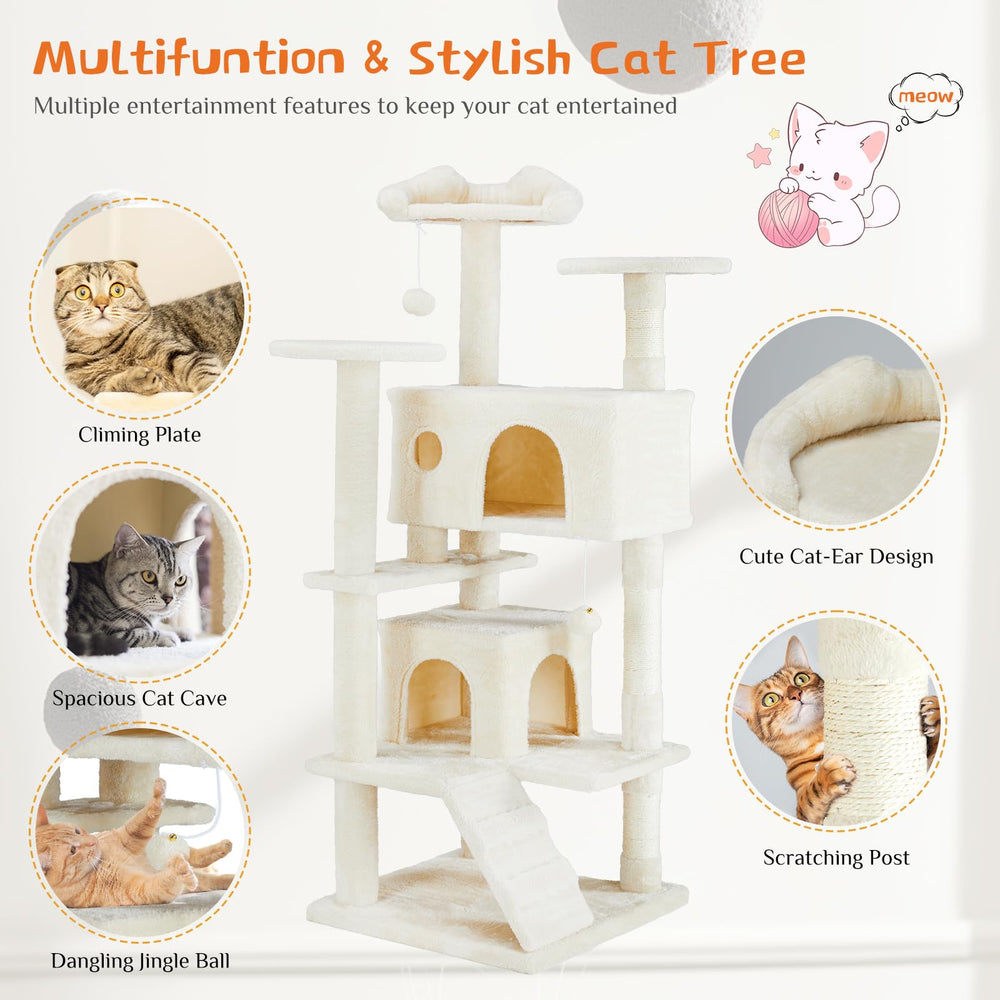 Sweetcrispy cat tree features a climbing ramp for easy access between levels.