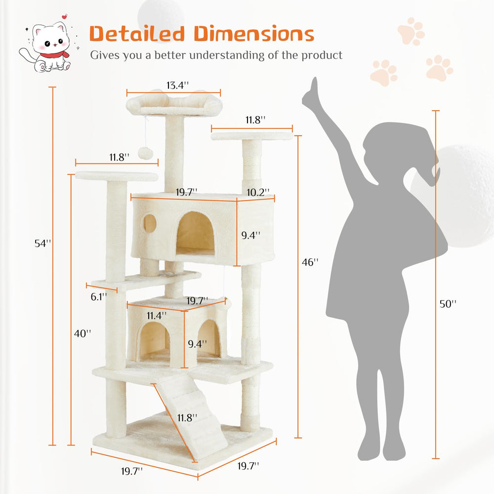 Sweetcrispy cat tree tower shows dangling bells for interactive play and hunting-inspired fun.