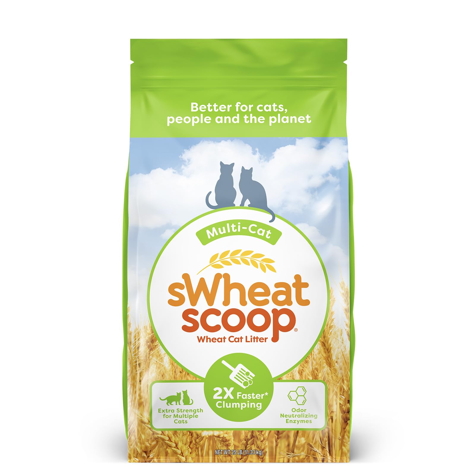 sWheat Scoop natural wheat multi-cat litter in 25lb bag demonstrates strong clumps and odor neutralization.