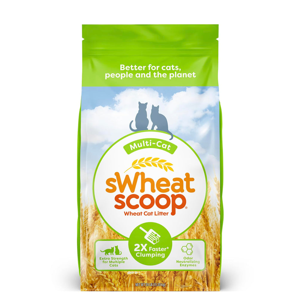 sWheat Scoop natural wheat multi-cat litter in 25lb bag demonstrates strong clumps and odor neutralization.