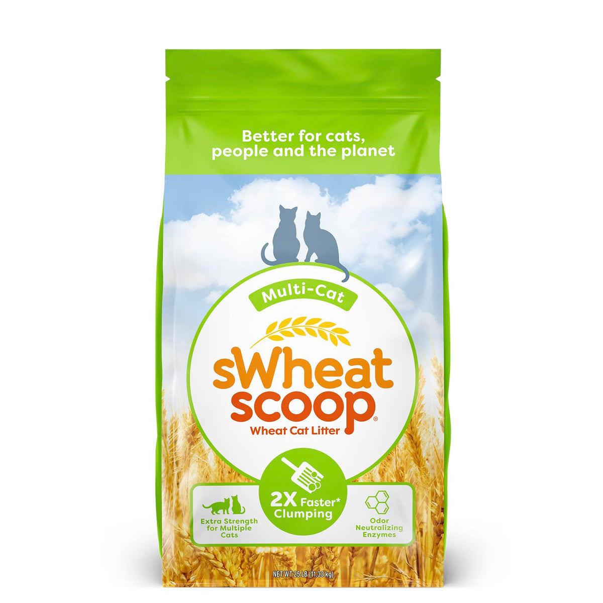 sWheat Scoop natural wheat multi-cat litter in 25lb bag demonstrates strong clumps and odor neutralization.
