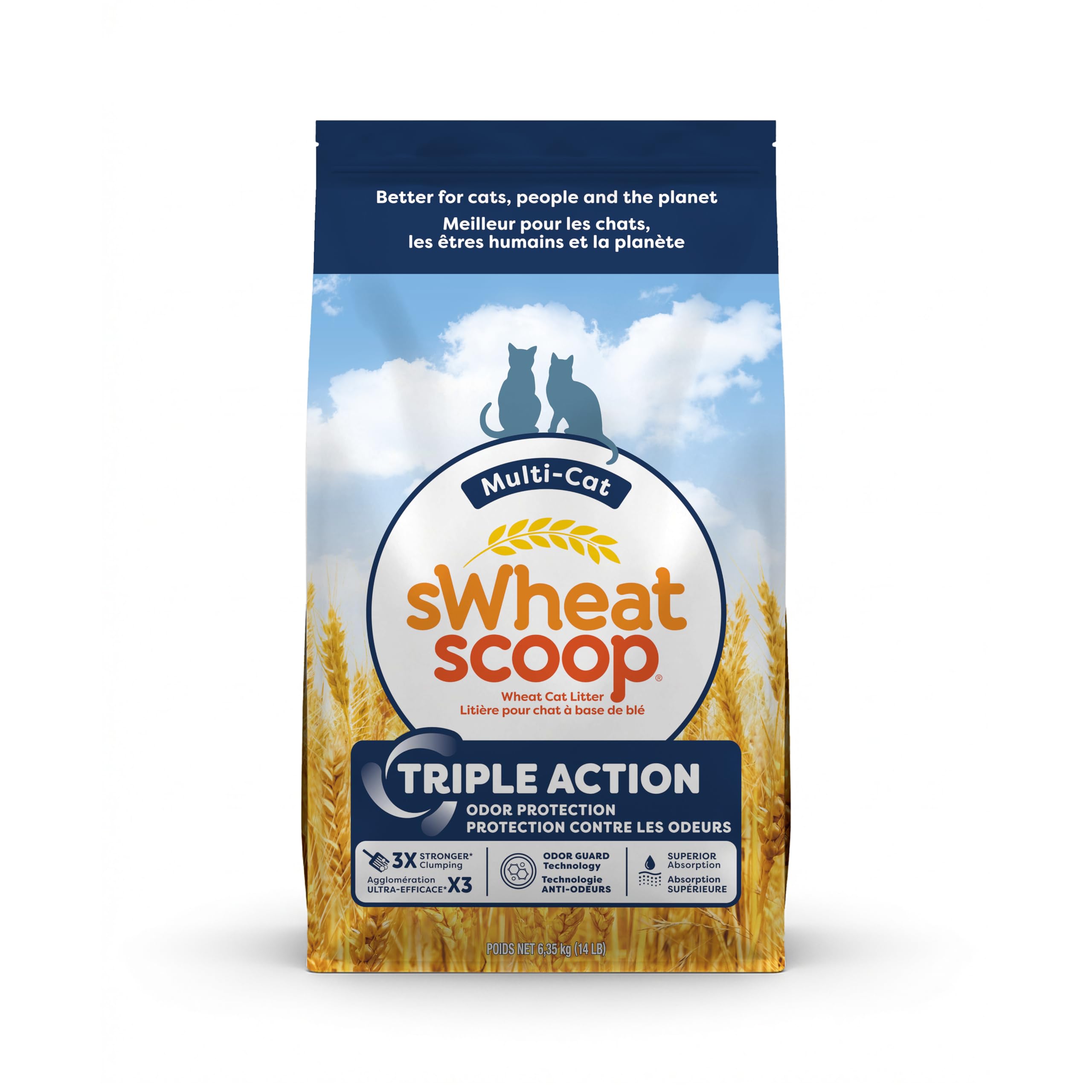 sWheat Scoop triple-action odor-guard litter neutralizes odors at the source