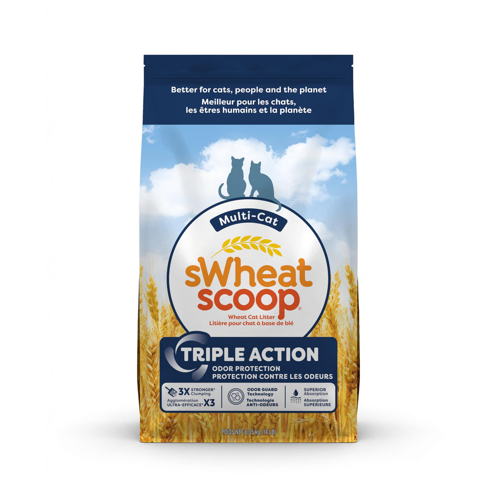 sWheat Scoop triple-action odor-guard litter neutralizes odors at the source